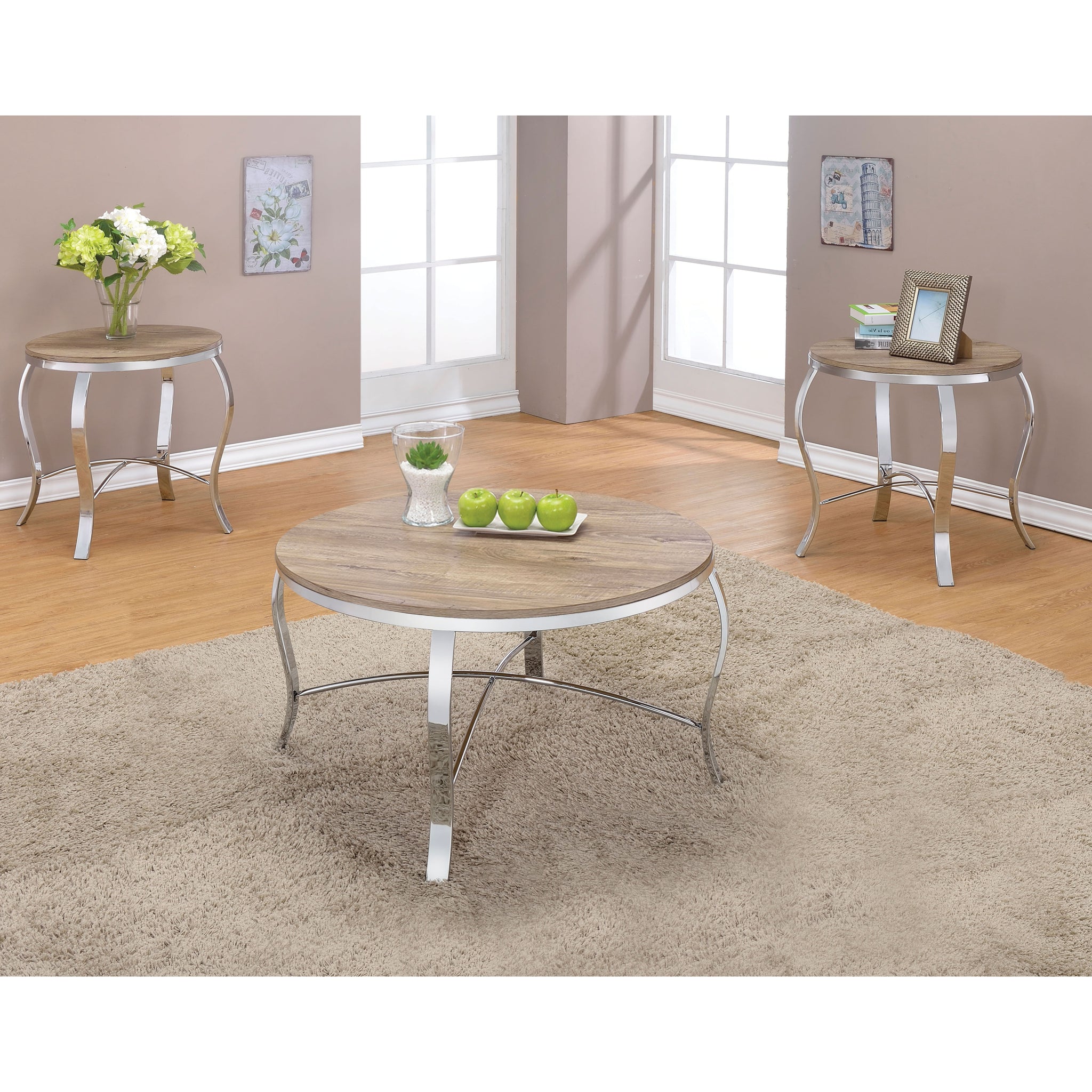 Weathered Light Oak And Chrome 3 Piece Occasional Set Oak Silver Primary Living Space Contemporary,Traditional Round Coffee & End Tables Round Wood Metal