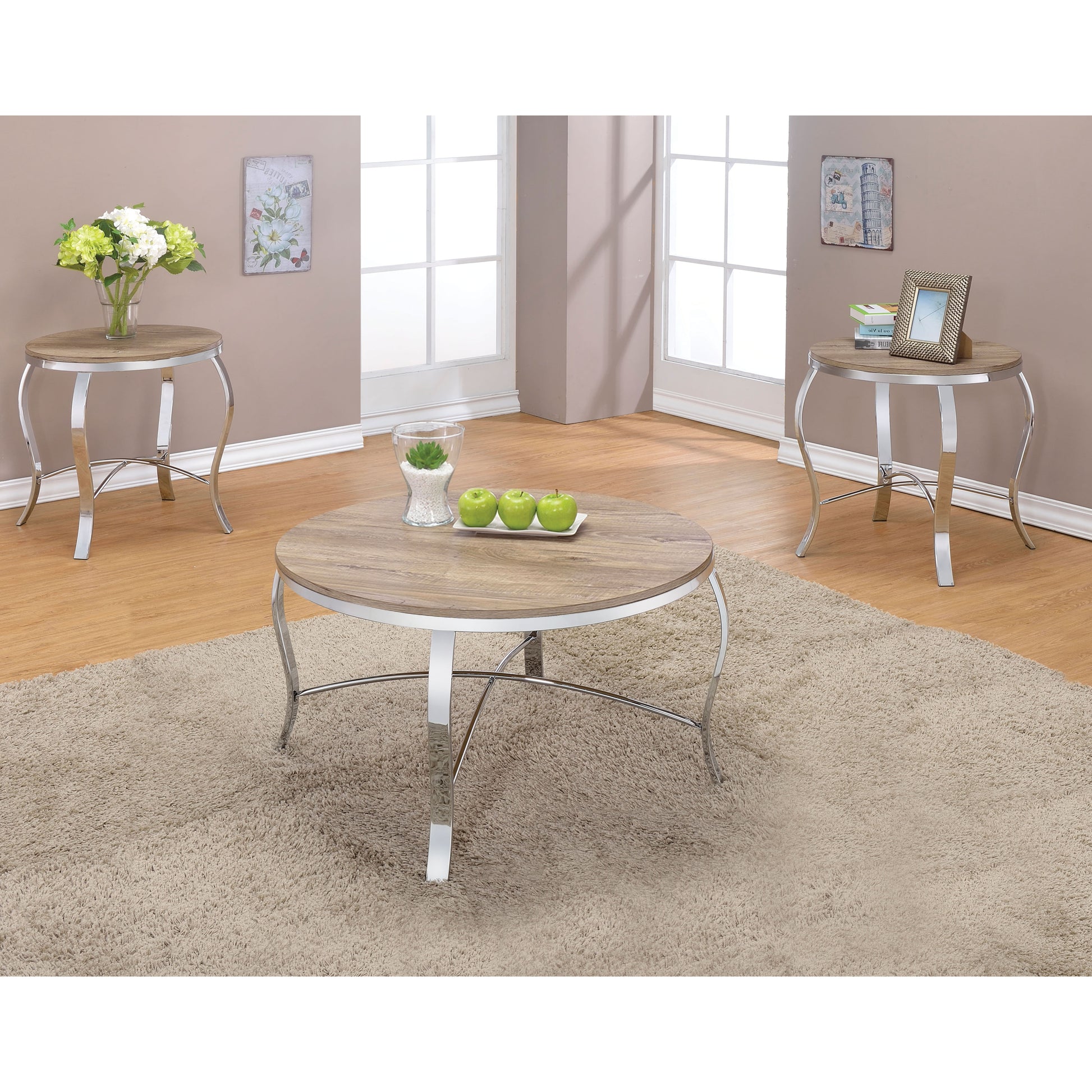Weathered Light Oak And Chrome 3 Piece Occasional Set Oak Silver Primary Living Space Contemporary,Traditional Round Coffee & End Tables Round Wood Metal