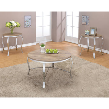 Weathered Light Oak And Chrome 3 Piece Occasional Set Oak Silver Primary Living Space Contemporary,Traditional Round Coffee & End Tables Round Wood Metal