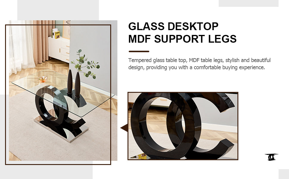 Table And Chair Set, Large Modern Minimalist Rectangular Glass Dining Table Suitable For 6 8 People, Equipped With 0.39 "Tempered Glass Tabletop, Mdf Oc Shaped Bracket, And Metal Base. Black Glass