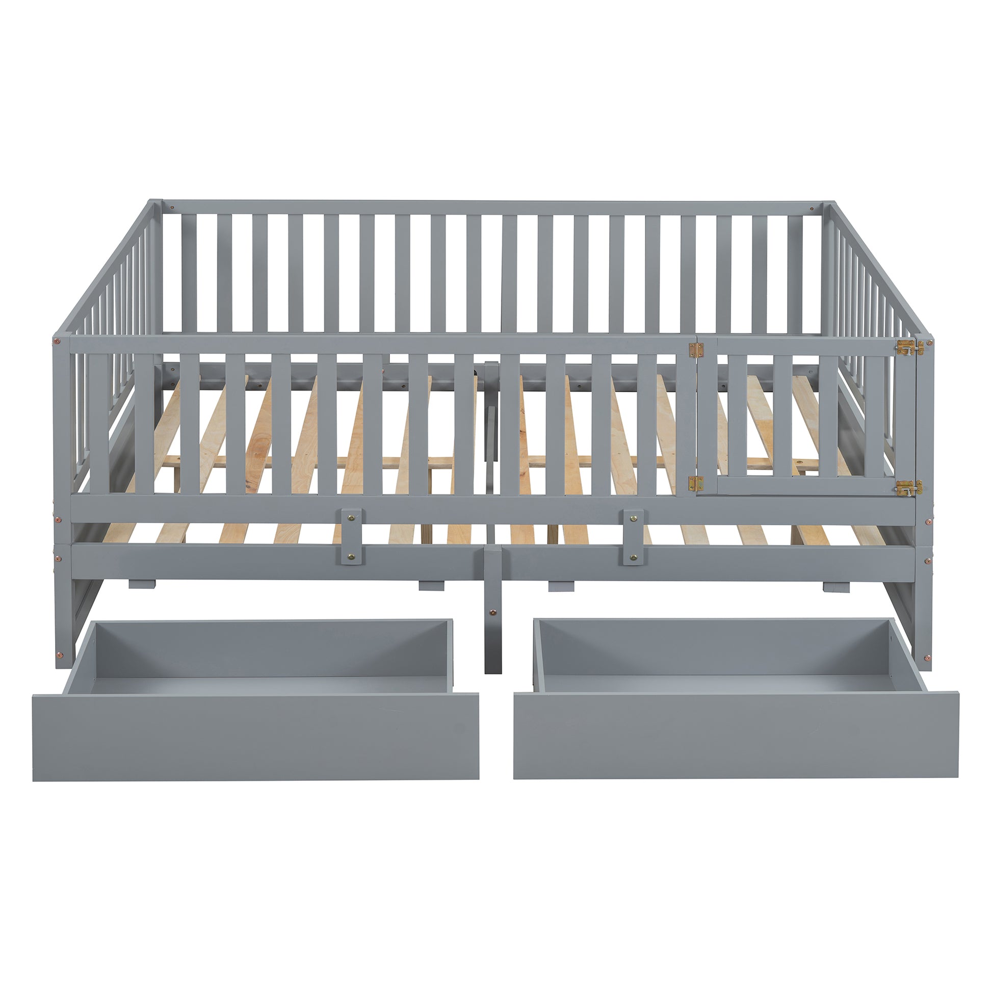 Full Size Wood Daybed With Fence Guardrails And 2 Drawers, Split Into Independent Floor Bed & Daybed, Gray Old Sku :Lp000882Aae Full Gray Solid Wood Mdf