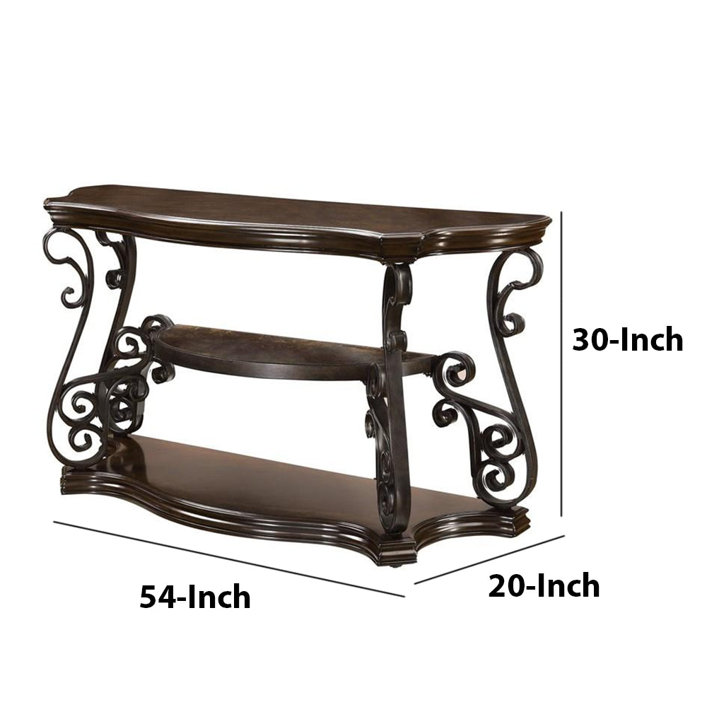 Traditional Solid Sofa Table With Glass Inset, Metal Scrolls & 2 Shelves, Brown Brown Wood Metal