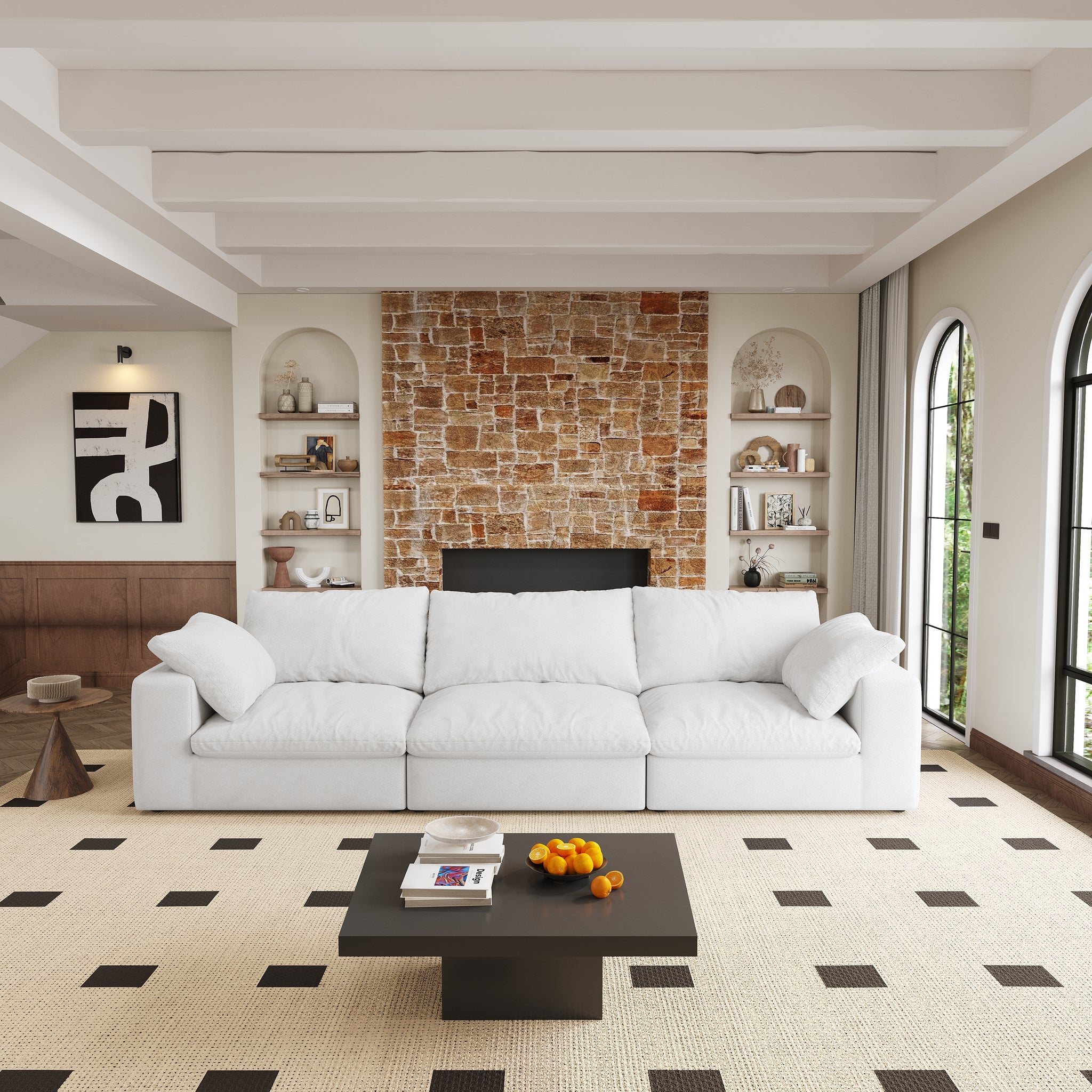 Oversized Cloud Modular Sectional Sofa,120" Down Filled Comfort 3Seater Sofa Couch For Living Room,Minimalist Wide Deep Seat Couches For Office Apartment 3Seaters Natural White Medium Soft Foam 3 Seat