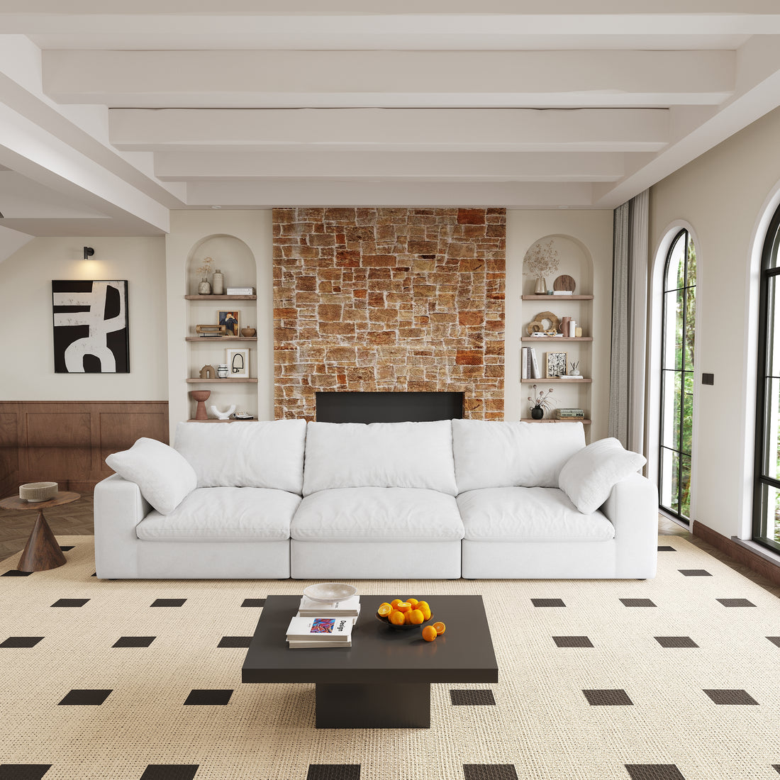 Oversized Cloud Modular Sectional Sofa,120" Down Filled Comfort 3Seater Sofa Couch For Living Room,Minimalist Wide Deep Seat Couches For Office Apartment 3Seaters Natural White Medium Soft Foam 3 Seat