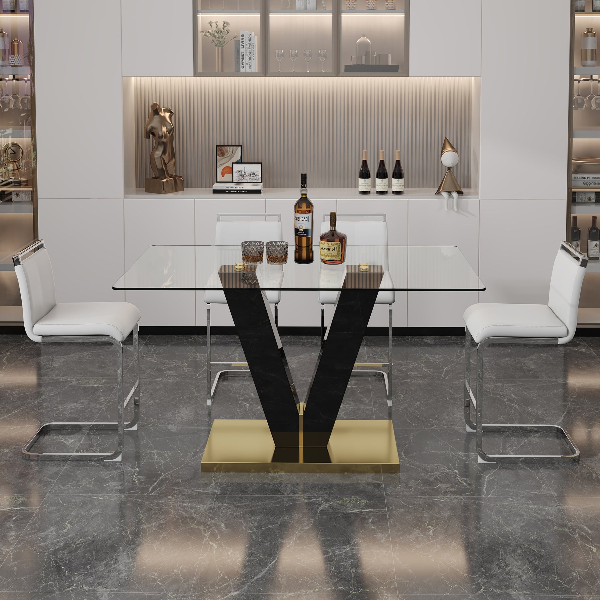 Table And Chair Set. A Rectangular Glass Dining Table With A 0.4 Inch Tempered Glass Tabletop And Mdf Board V Shaped Bracket, Paired With Chairs Consisting Of Pu Seat Cushions And Silver Metal Legs. White Black Seats 4 Tempered Glass