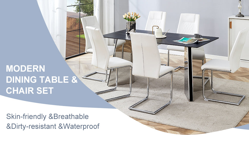 Table And Chair Set.63"X31.5X30" Black Marble Patterned Slabs Tabletop With Stainless Steel Butterfly Legs.Paried With 6 White High Quality Pu Chairs With Silver Metal Legs. White Black Seats 6