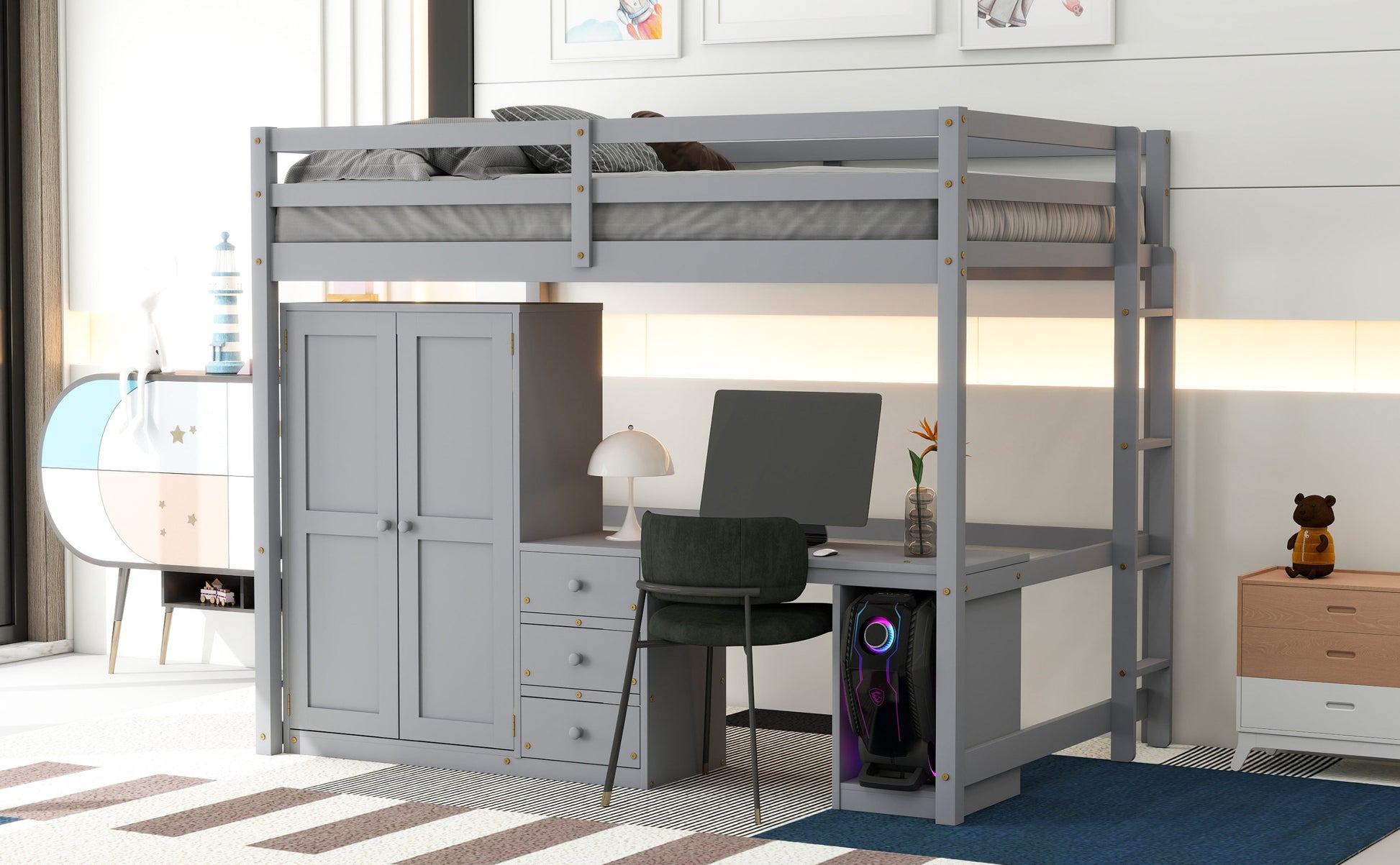 Full Size Loft Bed With Wardrobe, Desk And Storage Drawers, Gray Full Gray Pine