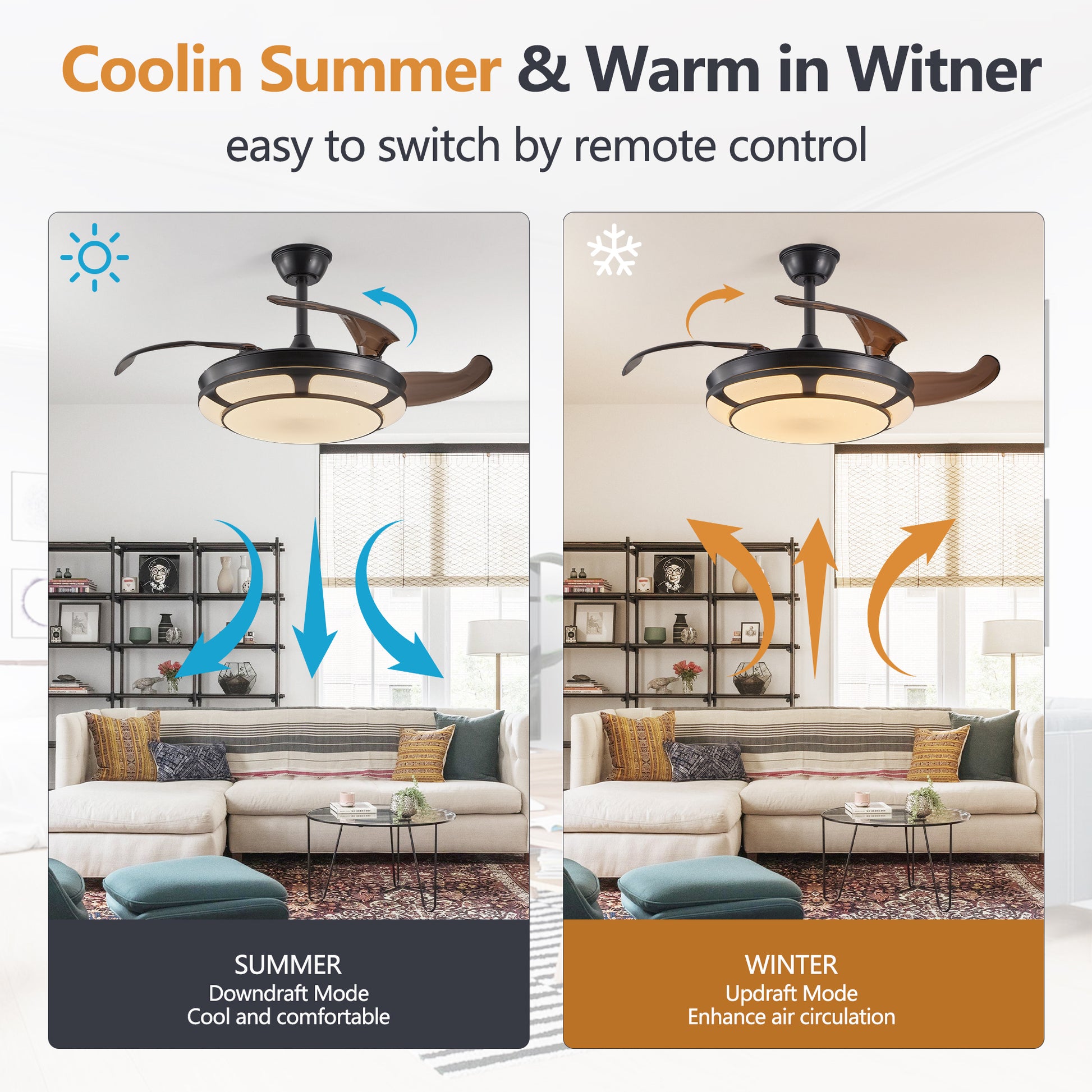 Modern Minimalist Invisible Ceiling Fan Light Retractable Fan With Led Fixtures For Living Room, Bedroom And Dining Room Black Acrylic Iron