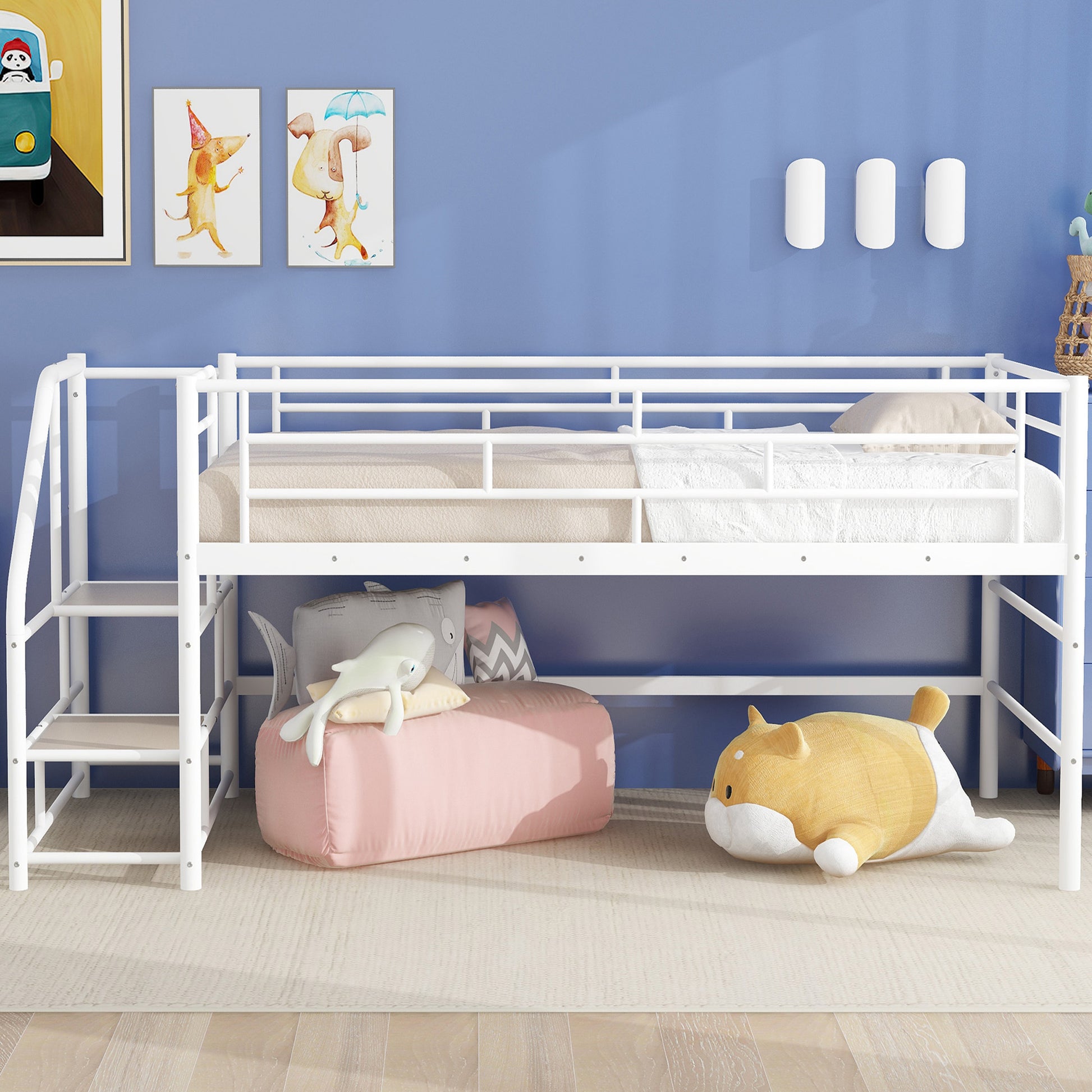 Mid Loft Bed With Storage Stairs, Twin, White Twin White Mdf Metal