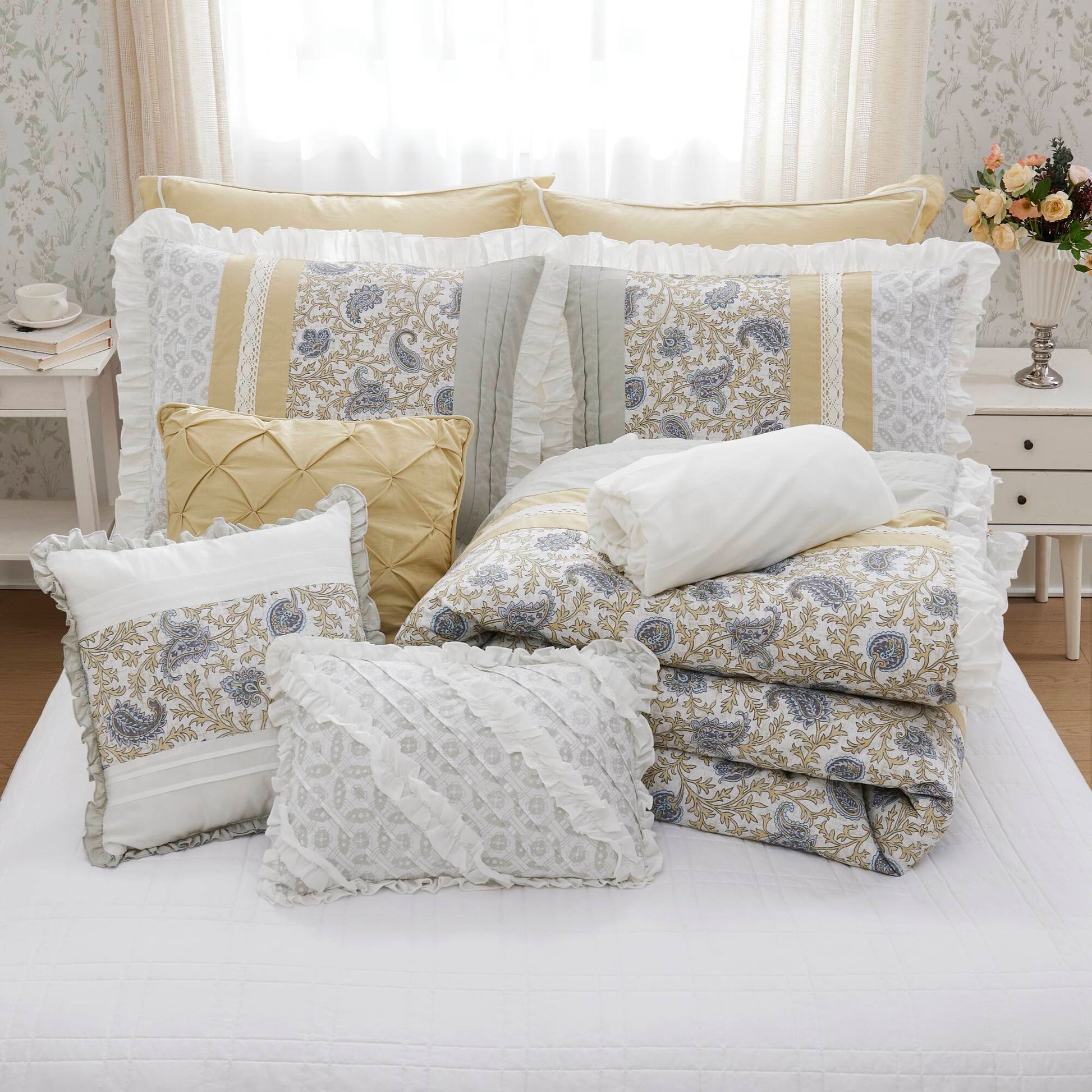 9 Piece Cotton Percale Comforter Set Yellow Queen Queen Yellow Polyester