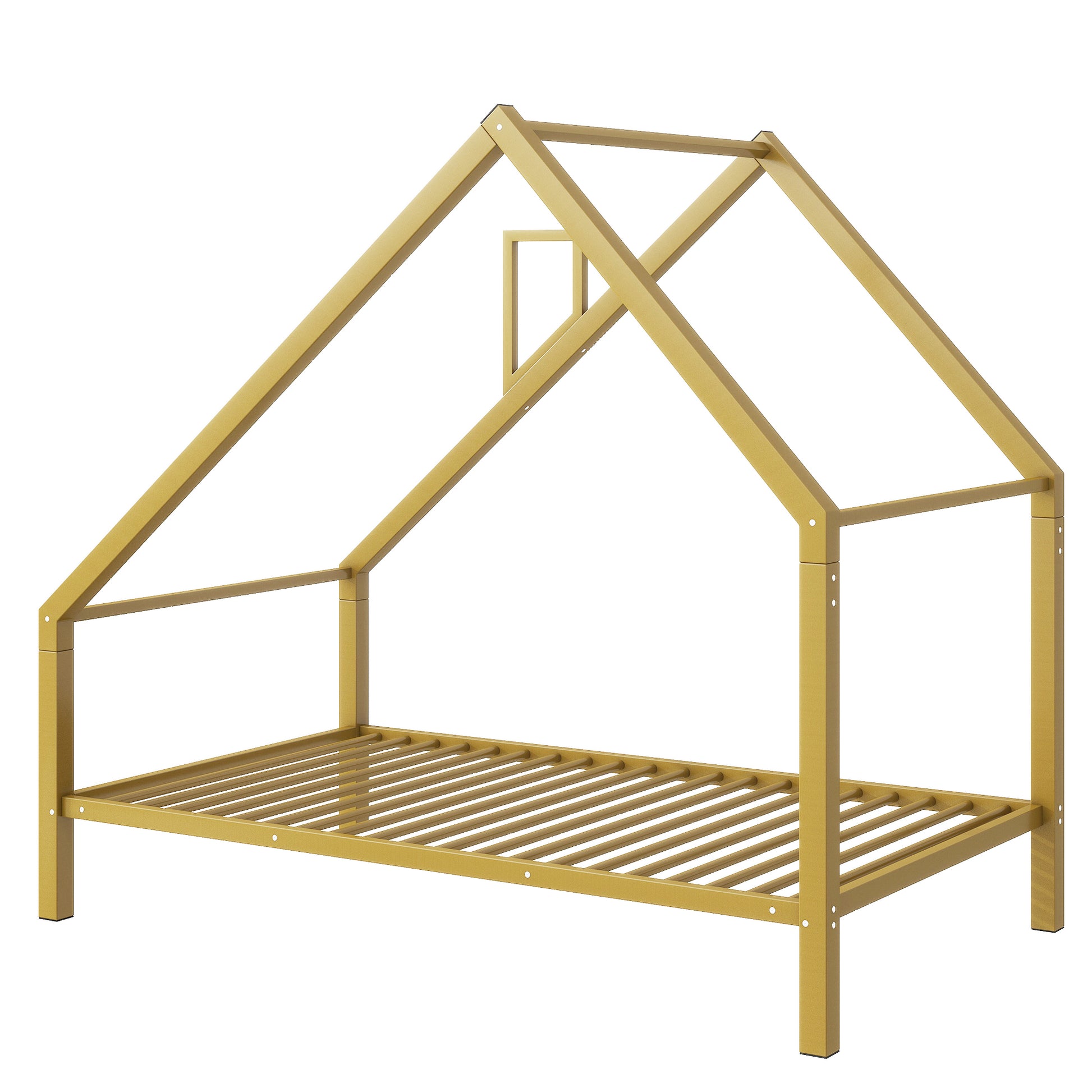 Twin Size Metal House Platform Bed With Roof And Chimney, Gold Box Spring Not Required Twin Gold Metal Bedroom Bed Frame Metal