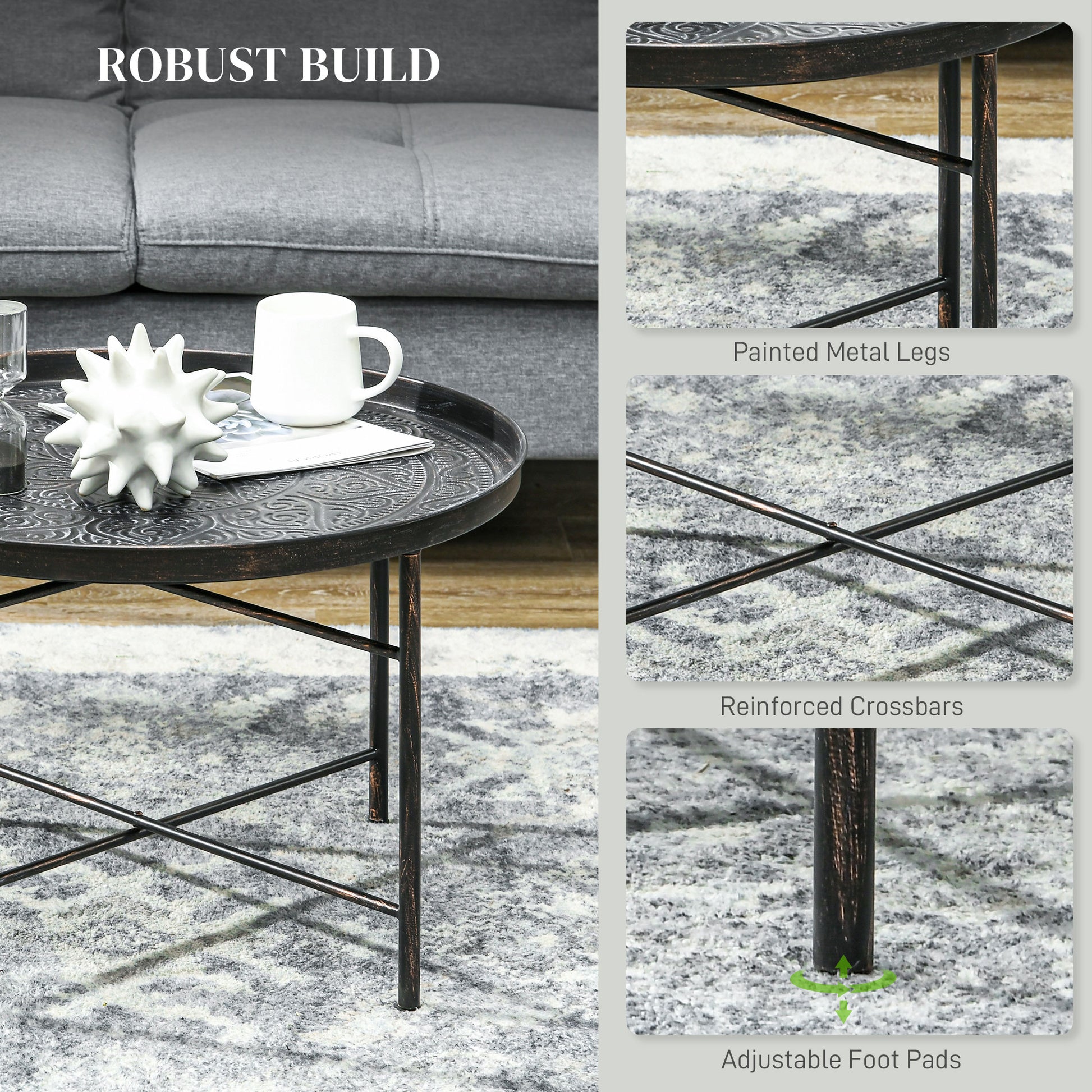 Homcom 24" Round Coffee Table With Hammered Tray Top, Vintage Metal Center Table For Living Room, Bedroom, Side Table, Pewter Pewter Metal