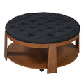 Modern Large Round Ottoman Coffee Table 2 Tier Oversized Button Tufted Ottoman With Wood Shelf Storage Upholstered Coffee Table For Living Room Footrest Ottoman With Wheel, Waterproof Linen Black Brown Rubber Wood
