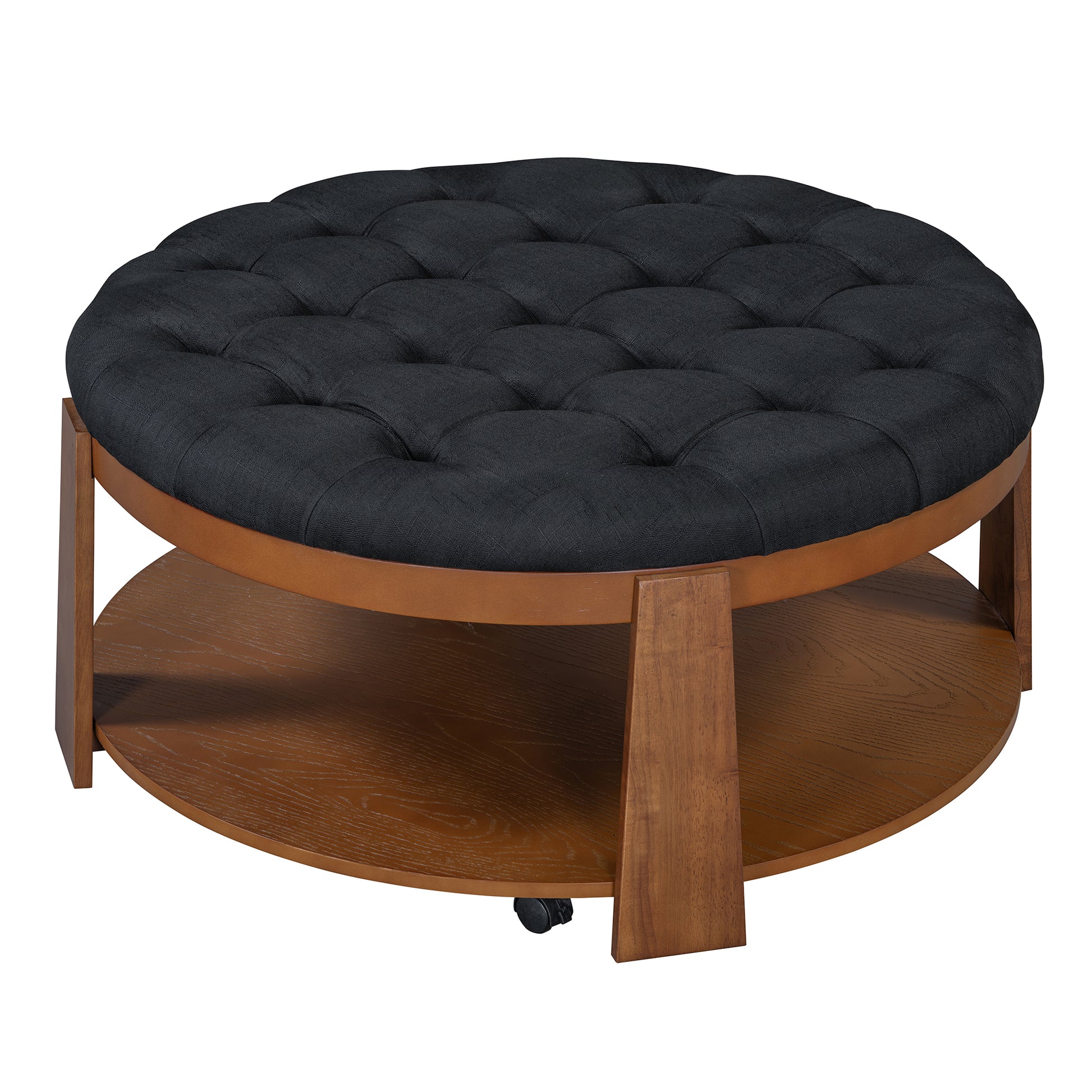 Modern Large Round Ottoman Coffee Table 2 Tier Oversized Button Tufted Ottoman With Wood Shelf Storage Upholstered Coffee Table For Living Room Footrest Ottoman With Wheel, Waterproof Linen Black Brown Rubber Wood