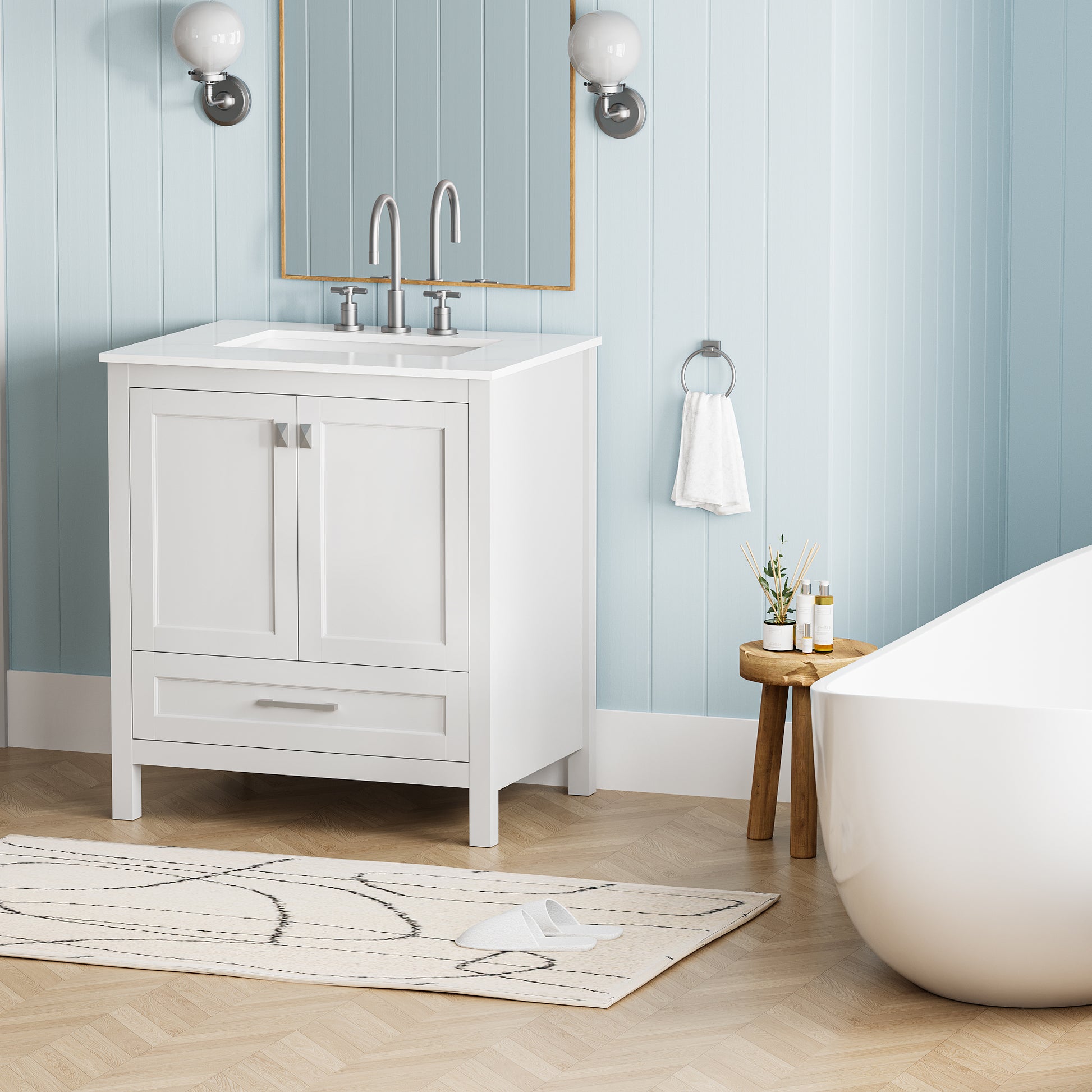 30 Inch Freestanding Bathroom Vanity With Sink, Carrara Engineered Marble Vanity Top With Undermounted Rectangular Ceramic Sink, Large Storage Soft Close Door, White 24V03 30Wh White Wood Solid Wood