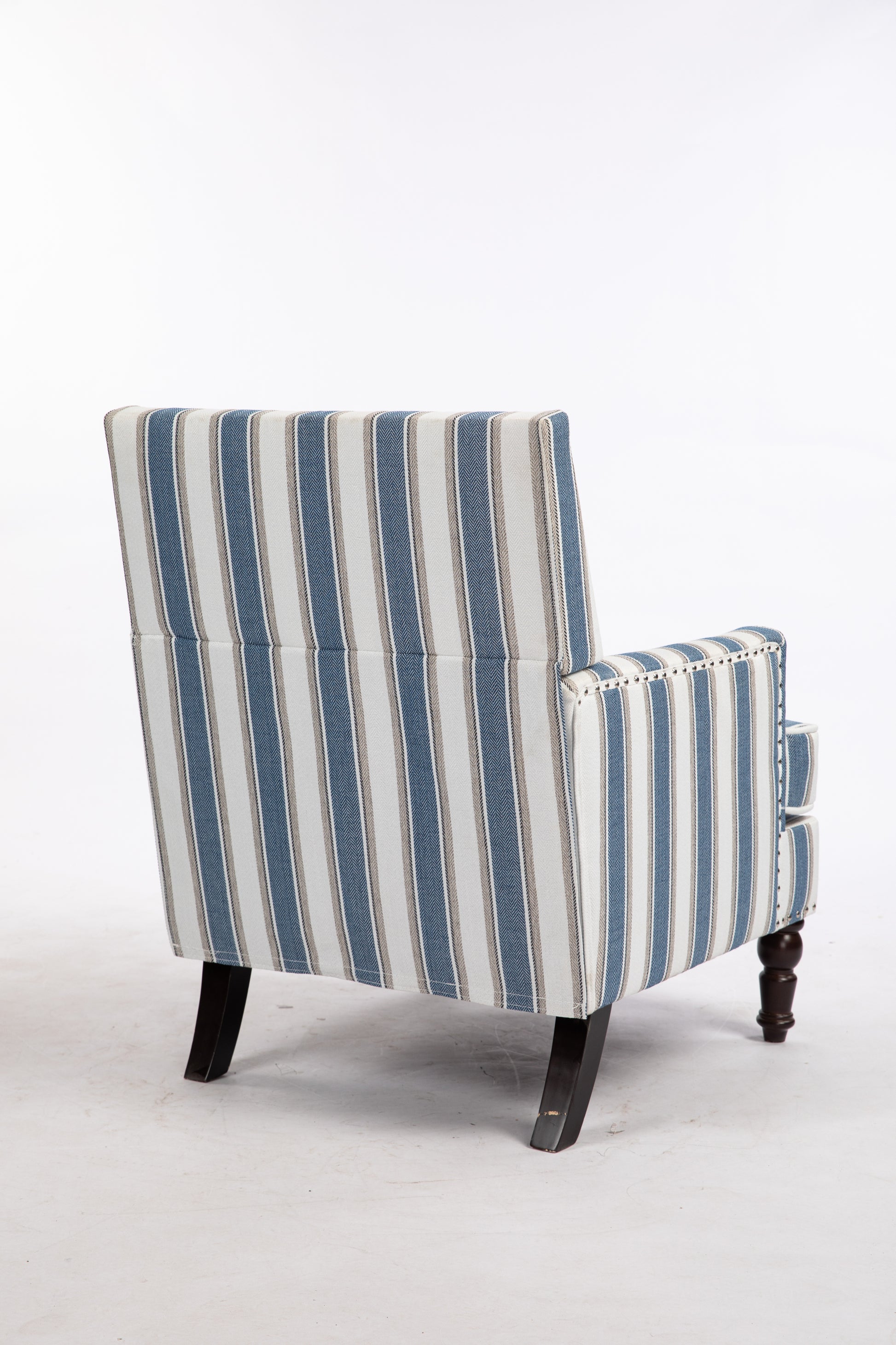 Upholstered Accent Chair, Vintage Armchair With Blue And White Striped Linen Fabric And Trim For Living Room Blue Cotton