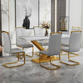 Table And Chair Set, The Table Is Equipped With A Marble Patterned Mdf Tabletop And Gold Table Legs.The Chair Is Equipped With Pu Synthetic Leather High Back Cushion And Gold Coated Metal Legs. Grey Gold Seats 6 Mdf Metal