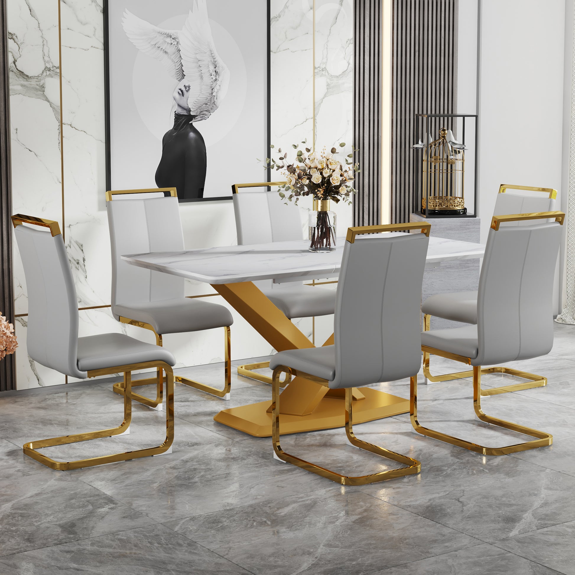 Table And Chair Set, The Table Is Equipped With A Marble Patterned Mdf Tabletop And Gold Table Legs.The Chair Is Equipped With Pu Synthetic Leather High Back Cushion And Gold Coated Metal Legs. Grey Gold Seats 6 Mdf Metal