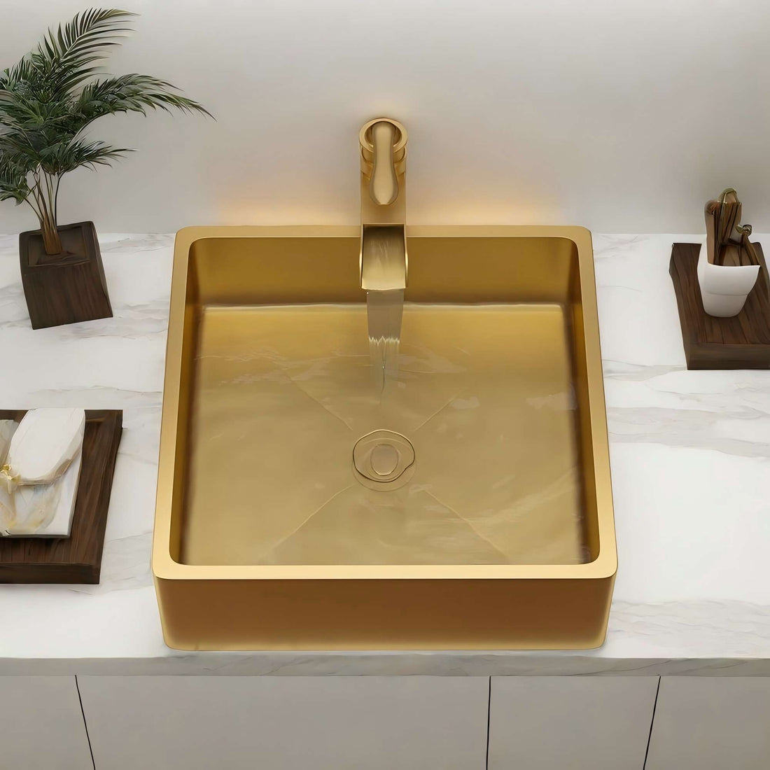 15"X15" Gold Stainless Steel Bathroom Sink With Pop Up Drain Gold Stainless Steel