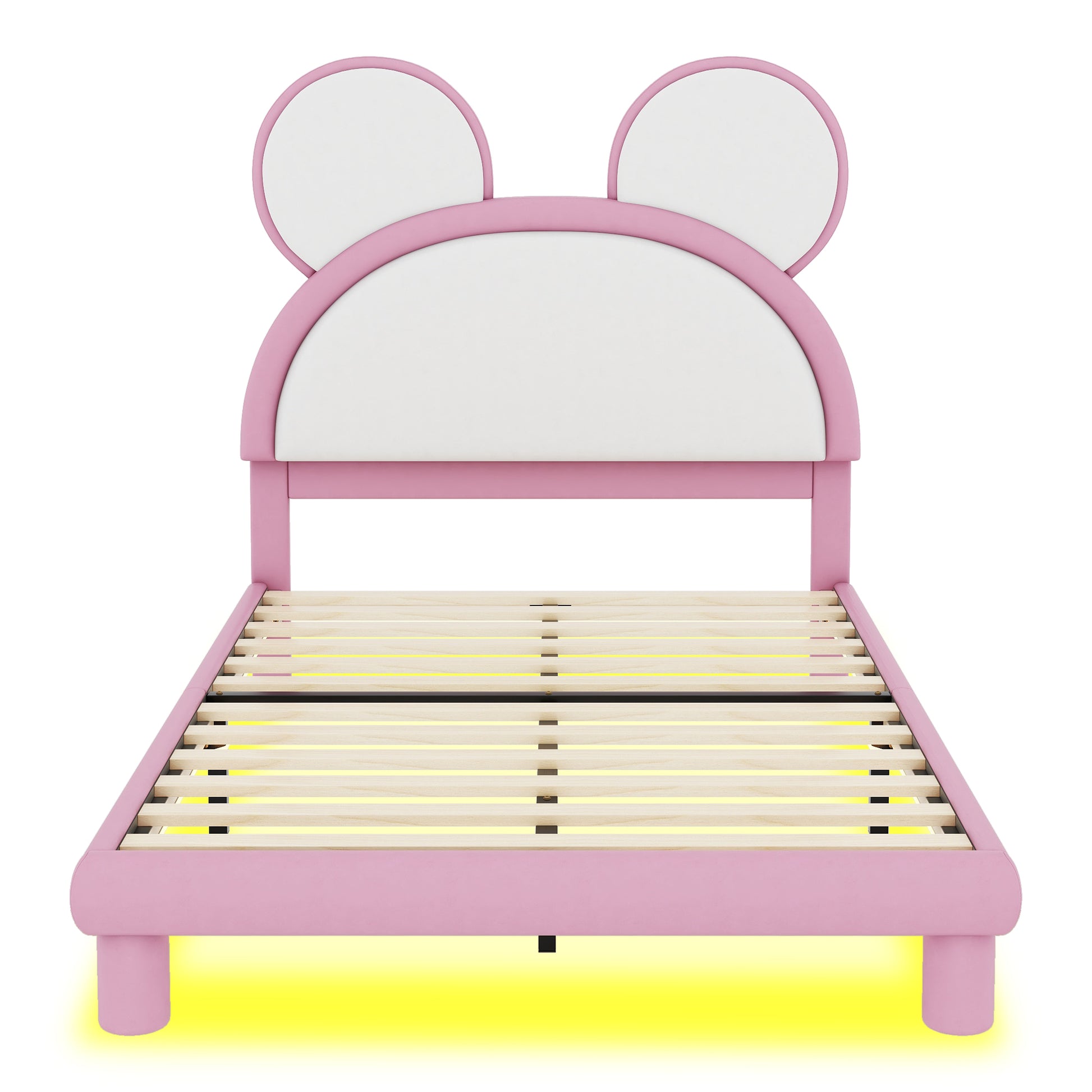 Full Size Upholstered Platform Bed With Cartoon Ears Shaped Headboard And Led, White&Pink Box Spring Not Required Full White Pink Bedroom Bed Frame Faux Leather Upholstered
