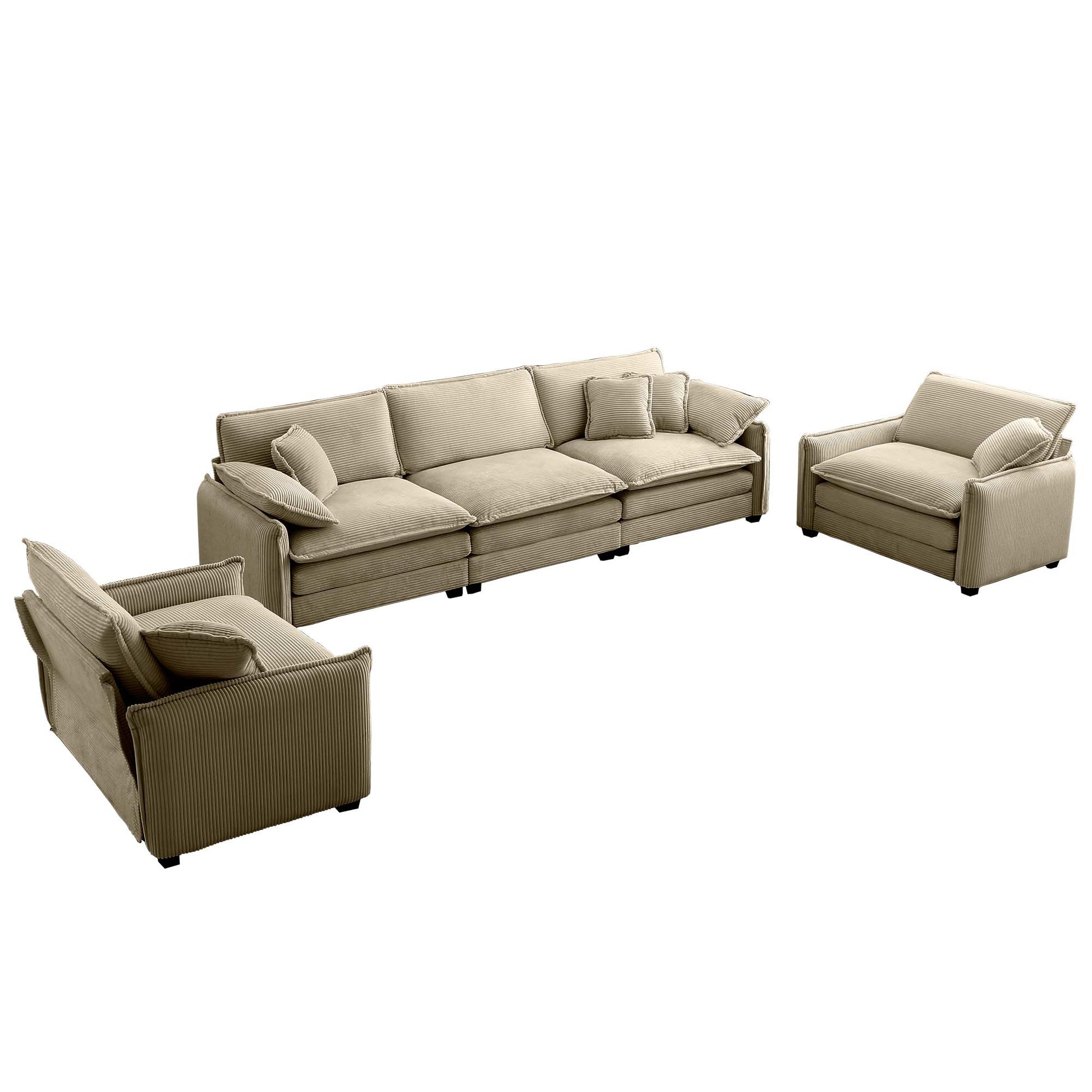 Warm And Cozy Sofa Set With Soft Cushions And Pillows, Home Theater Style Sofa Set Consisting Of A 3 Seater Sofa And Two Single Sofas In Tan Corduroy Fabric Tan Corduroy 5 Seat