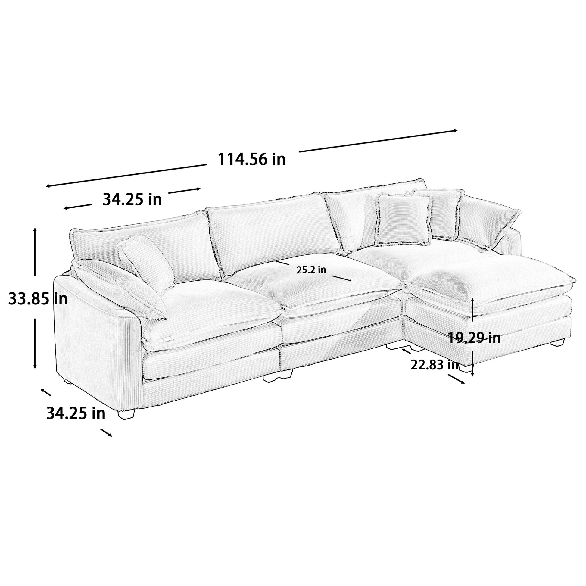 Corduroy 3 Seater Sofa With 1 Footrest, L Shaped Double Sofa With Ottoman For Small Living Rooms, Tan Corduroy Sofa Tan Corduroy 3 Seat