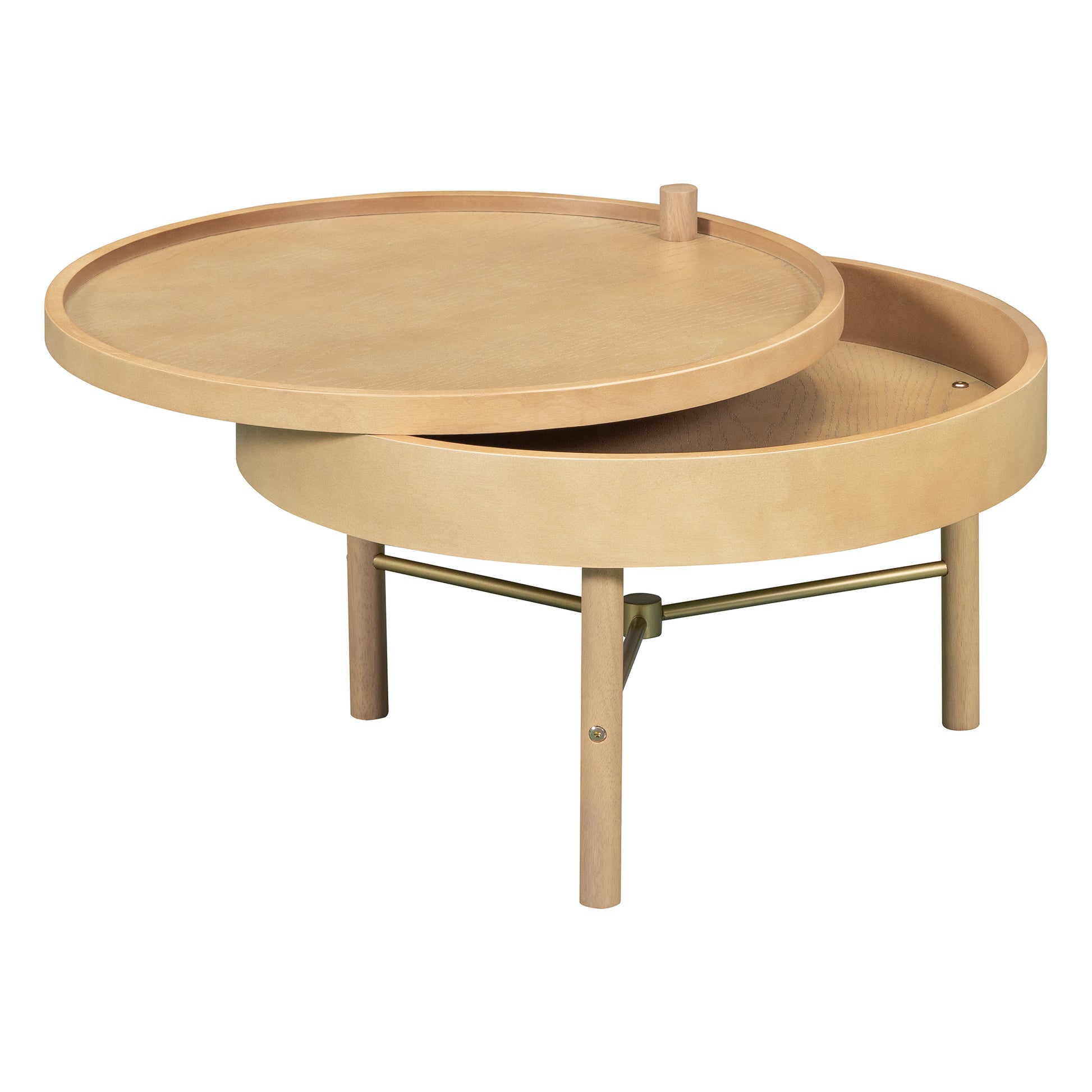 Modern Round Wood Rotating Tray Coffee Table With Storage & Metal Legs In Natural Natural Metal,Rubber Wood