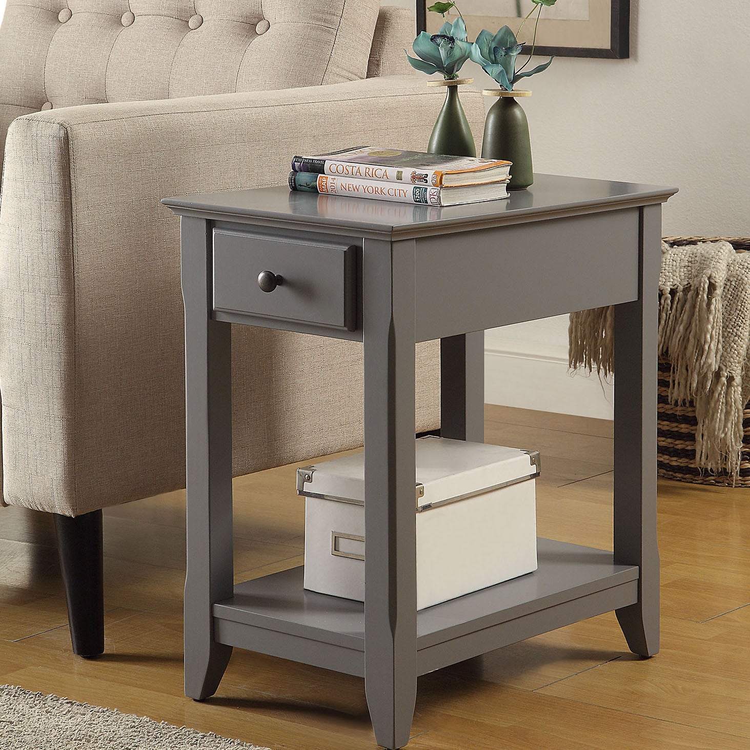 Grey Accent Table With Bottom Shelf Grey Primary Living Space Drawers Rectangular Solid Wood Mdf