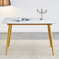 Modern Minimalist Dining Table. White Imitation Marble Patterned Stone Burning Tabletop With Golden Metal Legs. 50 