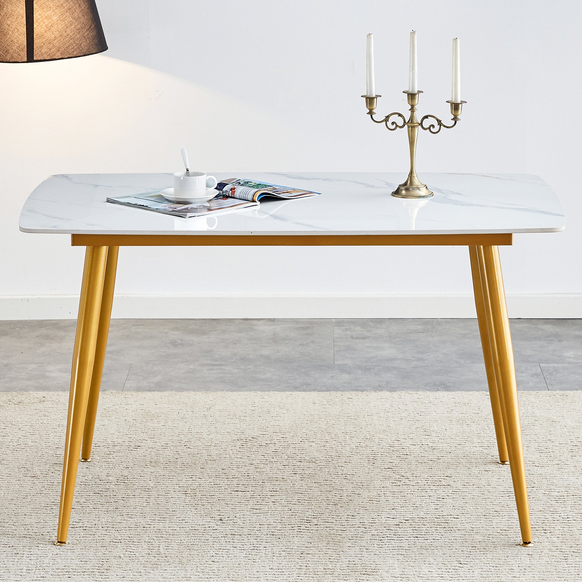 Modern Minimalist Dining Table. White Imitation Marble Patterned Stone Burning Tabletop With Golden Metal Legs. 50 "* 30" * 30 "F 001 Gold Sintered Stone