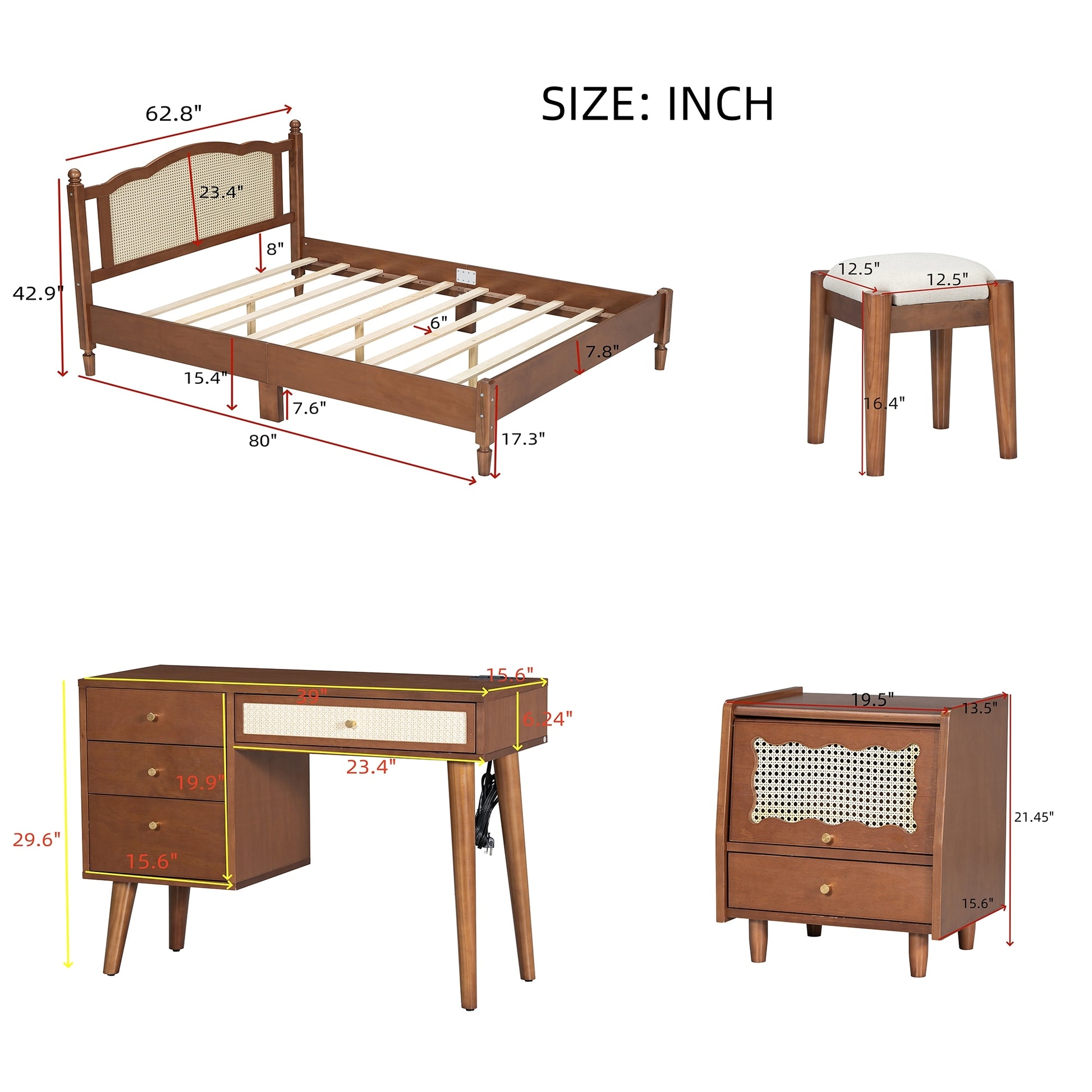 3 Pieces Bedroom Set With Queen Size Wooden Bed Frame, 1 Vintage Nightstand And 1 Makeup Vanity Set With Stool,Walnut Queen Walnut 3 Piece Set Wood