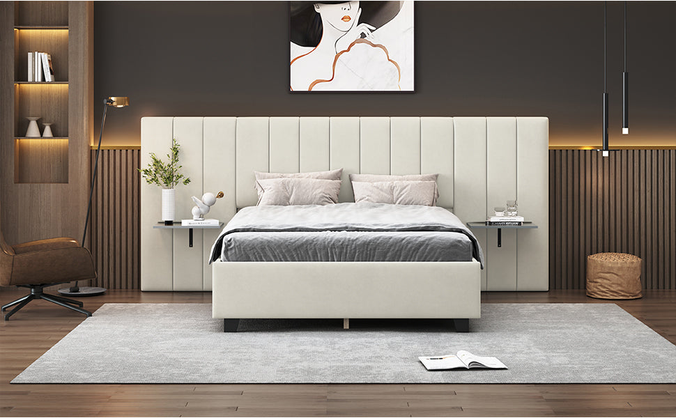 Full Size Upholstered Platform Bed With Big Headboard, Bedroom Furniture, Velvet, Beige Full Beige Plywood