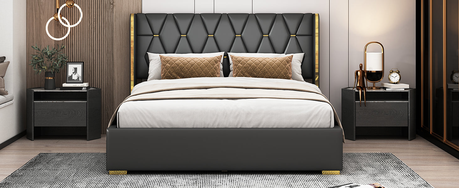 Queen Size Upholstered Platform Bed With Metal Strips, Black Queen Black Pu