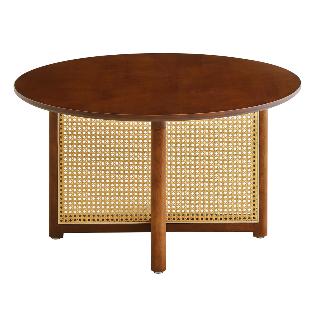 Mid Century Wooden Coffee Table With Pe Cane Stand, 31.5 Inch Round Solid Wood Bohemian Style Coffee Table, Unique Central Cocktail Table For Living Rooms, Apartments And Offices Walnut Rubber Wood