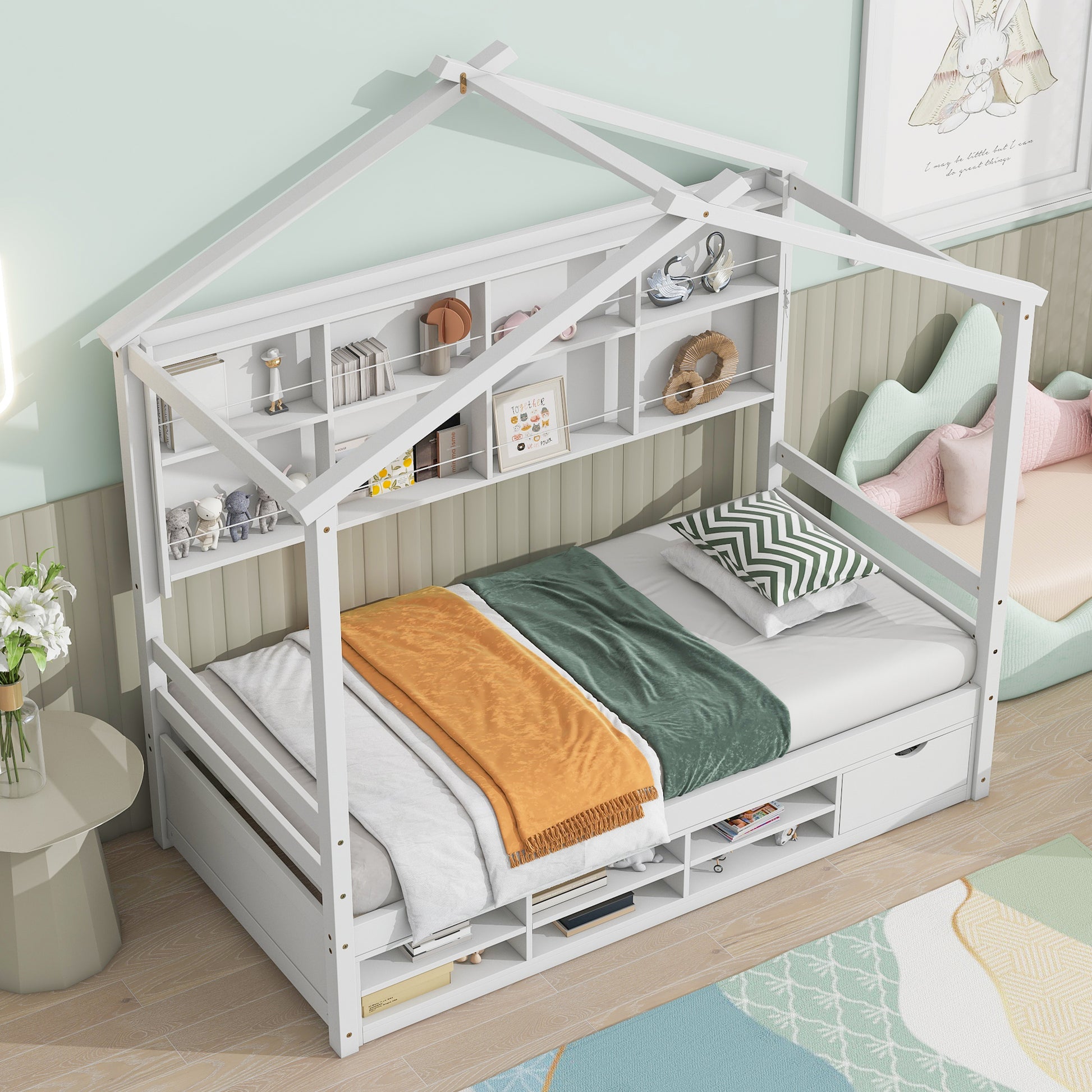 Twin House Bed With Roof Frame, Bedside Shelves, Under Bed Storage Unit,White Twin White American Design Pine