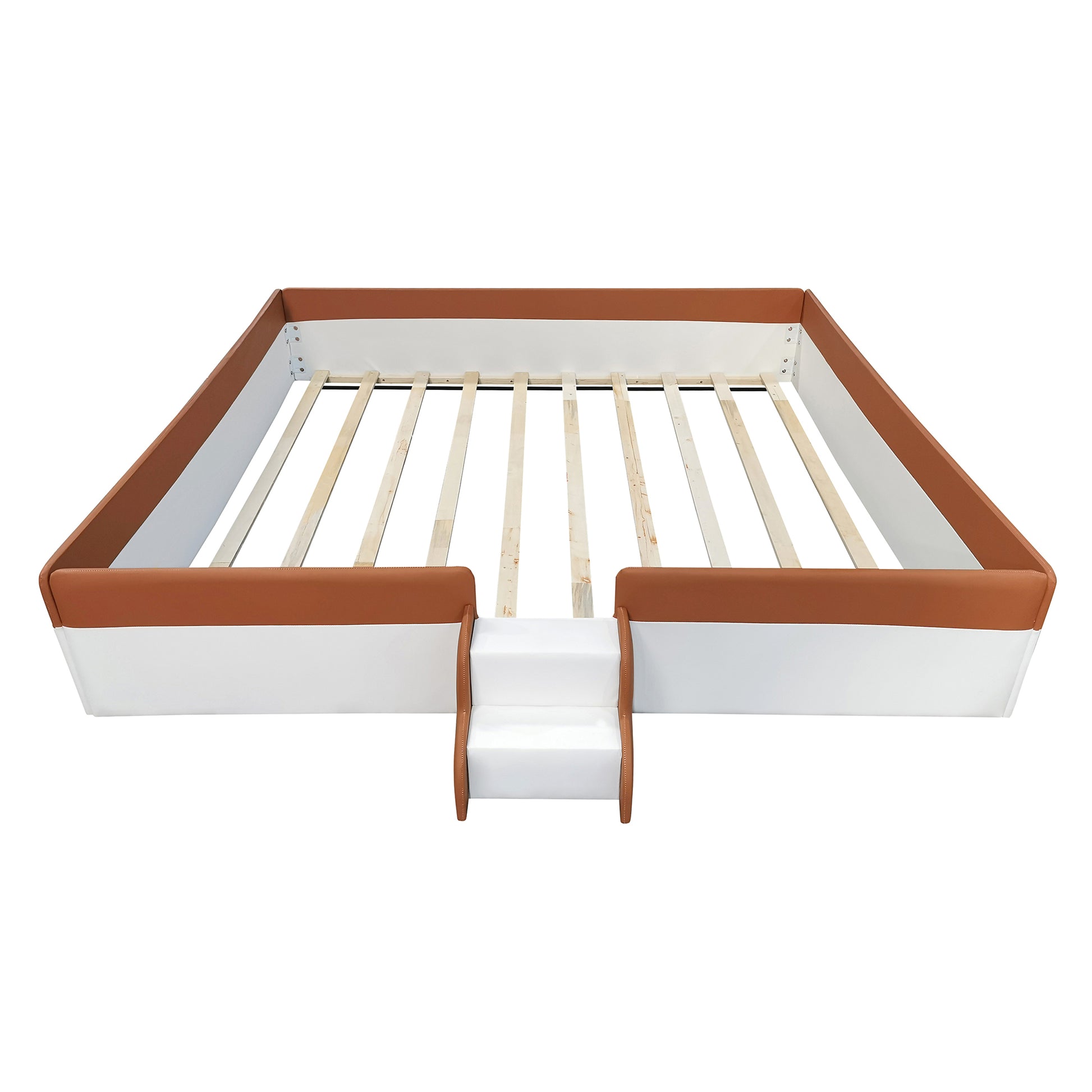 King Size Upholstered Daybed Frame With Fence And Stairs, Brown White King Brown White Mdf Lvl
