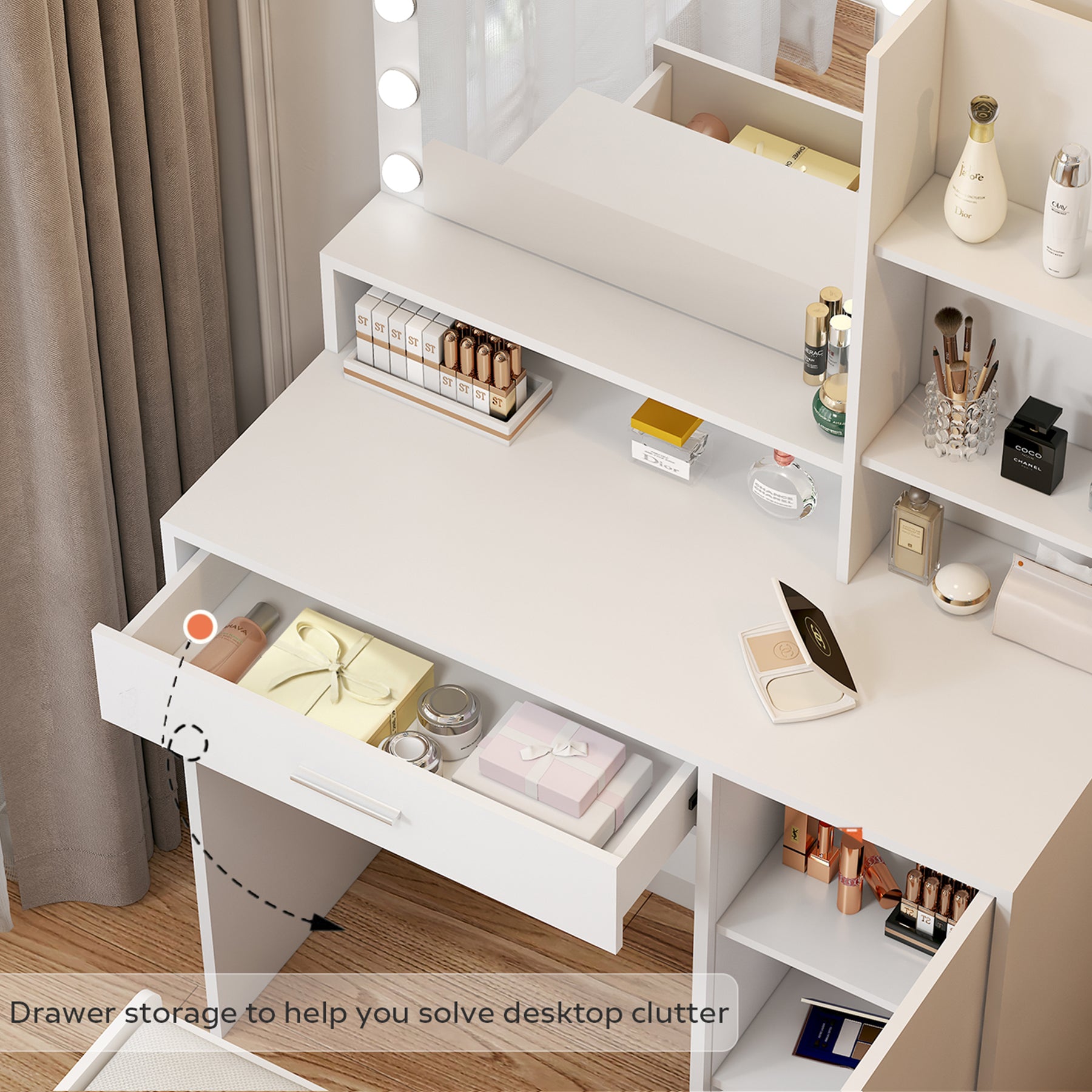 Vanity Desk With Mirror & Light, Large Drawer Three Level Storage Dresser, 3 Lighting Modes Adjustable Brightness, Bedroom Dressing Table White With Stool White Particle Board