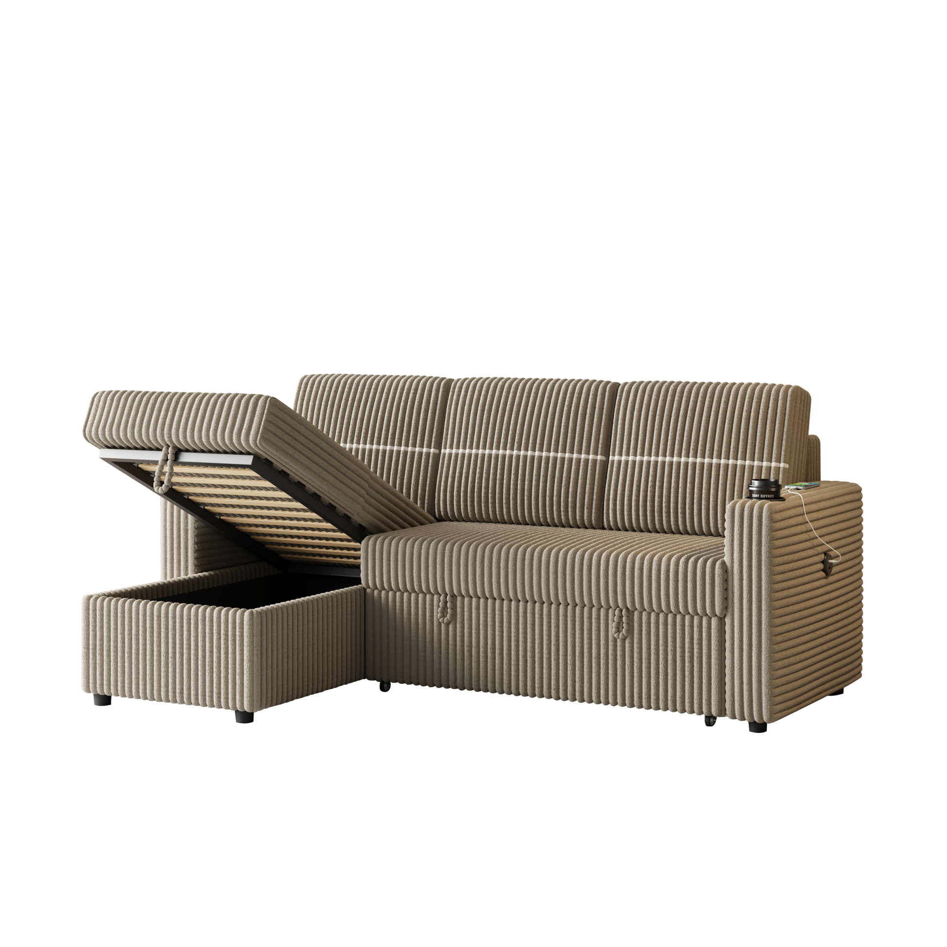 85 Inches Corduroy Sofa Bed, 3 Seater Sleeper Sofa With Storage Chaise, Square Handrail With Two Cup Holder And Usb Charge Port, Pull Out Couch For Living Room Brown Corduroy 3 Seat