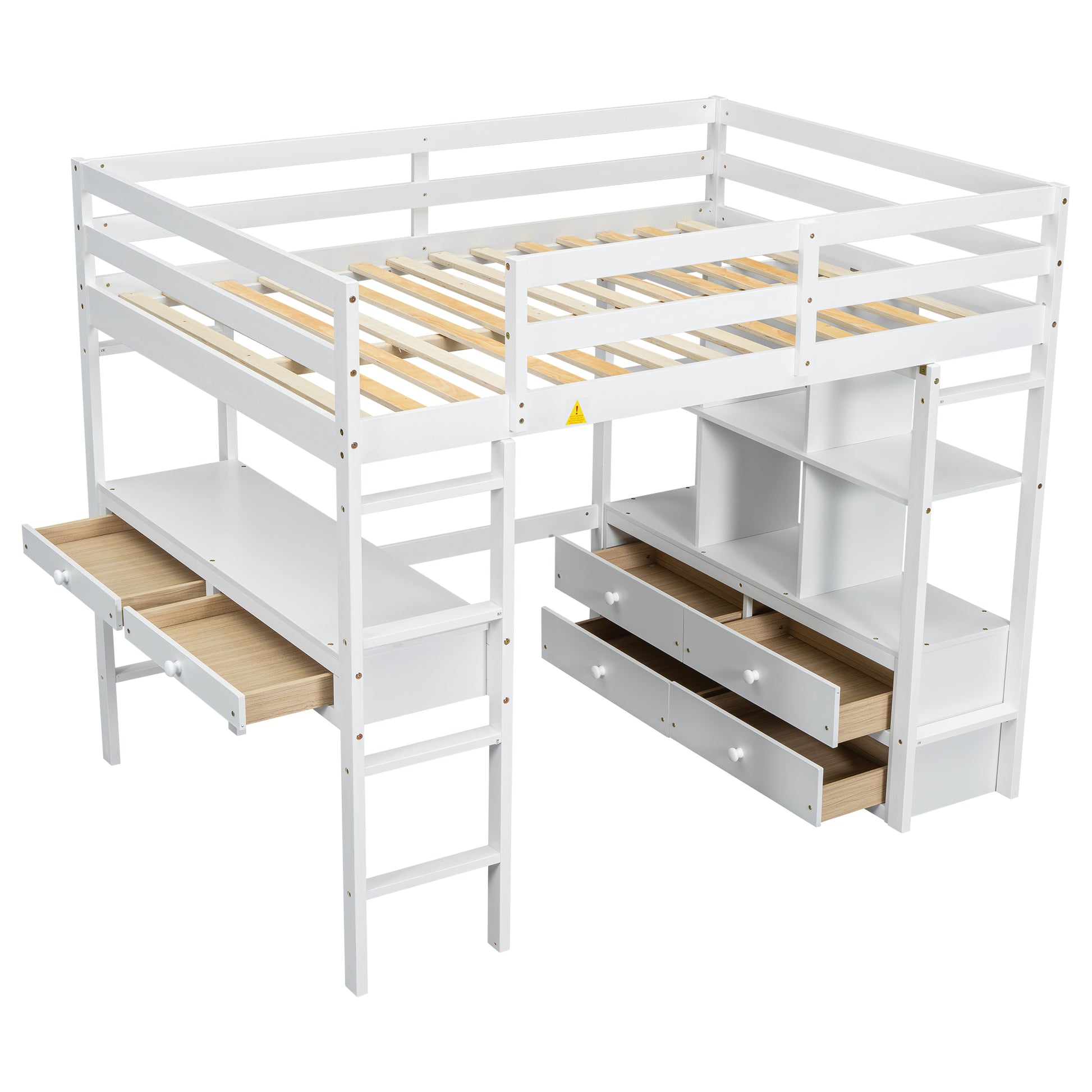 Full Size Loft Bed With Built In Desk With Two Drawers, And Storage Shelves And Drawers,White Old Sku:Gx000320Aak 1 Box Spring Not Required Full White Wood Bedroom Pine