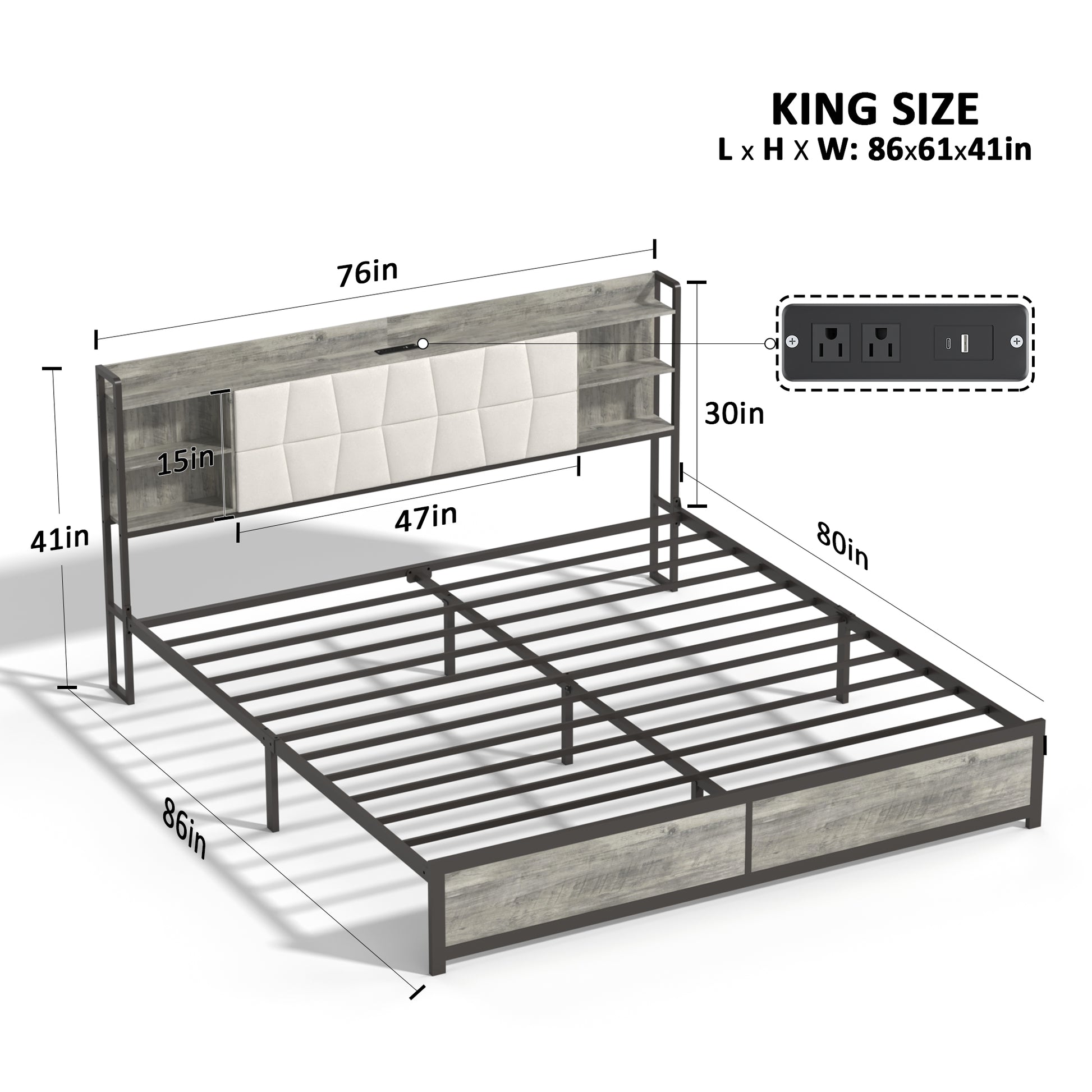 King Size Bed Frame With Led Light & Power Outlet, Platform Bed With Upholstered Headboard And Storage, Sturdy Metal Slats Support, No Box Spring Needed, Easy Assembly, Noise Free Box Spring Not Required King Dark Oak Metal Bedroom Modern Bed Frame Mdf