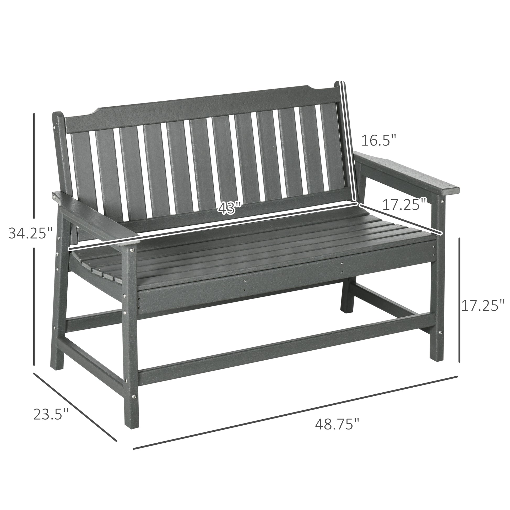 Outsunny Outdoor Bench, 2 Person Park Style Garden Bench With All Weather Hdpe, 704 Lbs. Weight Capacity Porch Bench With Slatted Back & Armrests, Dark Gray Dark Gray Plastic