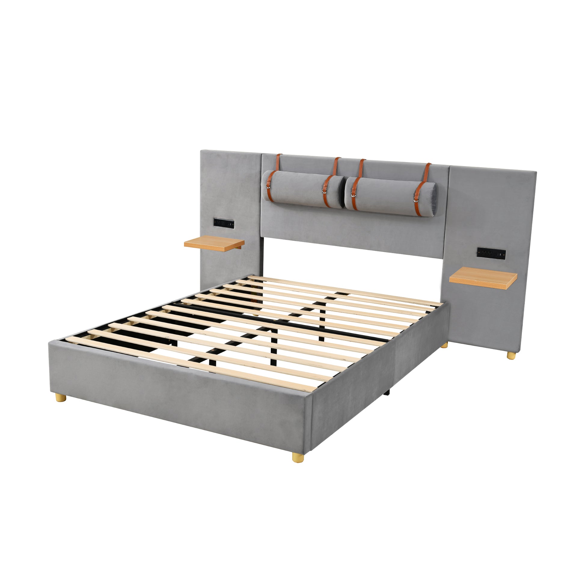 Full Size Upholstered Platform Bed With Two Outlets And Usb Charging Ports On Both Sides, Two Bedside Pillows, Storage Shelf, Velvet,Gray Full Gray Mdf Lvl