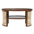 2 Tiered Round Walnut Wood Coffee Table With Storage Rattan Base In 31.3'' Walnut Rubber Wood