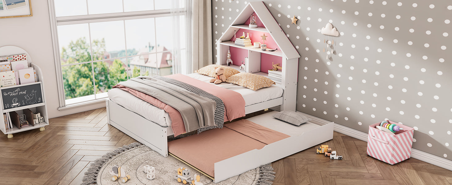Full Size House Shaped Bed With Bookcase Headboard And Led Light And Twin Size Trundle For Kids Boys Girls, Pink White Box Spring Not Required Full White Pink Wood Bedroom Cute Bed Frame Wood