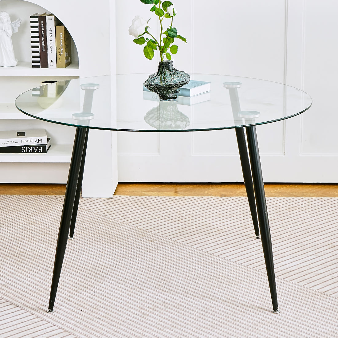 Modern Simple Glass Table, High Quality Tempered Glass Metal Material, Black Spray Table Legs, Suitable For Restaurant Kitchen Set Of 1 Black Round Glass