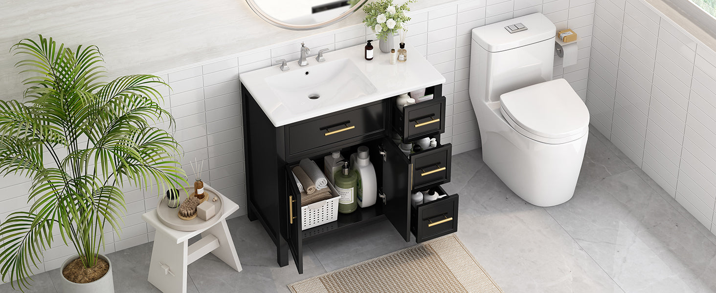 36" Bathroom Vanity With Sink Top, Bathroom Vanity Cabinet With Two Doors And Three Drawers, Solid Woodmdf Boards ,One Package, Black Black Solid Wood Mdf