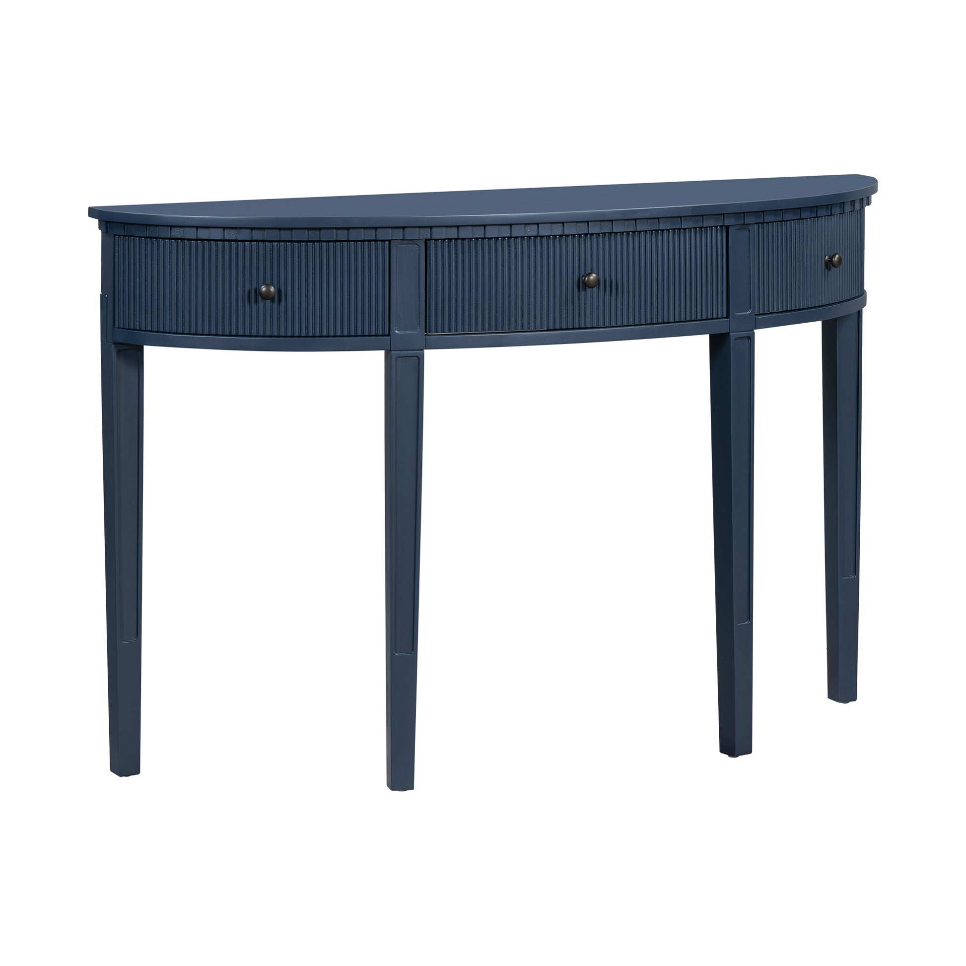 Distinctive Features Of Pine Veneer Console Table With Vertical Stripe Drawer Fronts And Four Legs Navy Blue Primary Living Space Minimalist Mdf