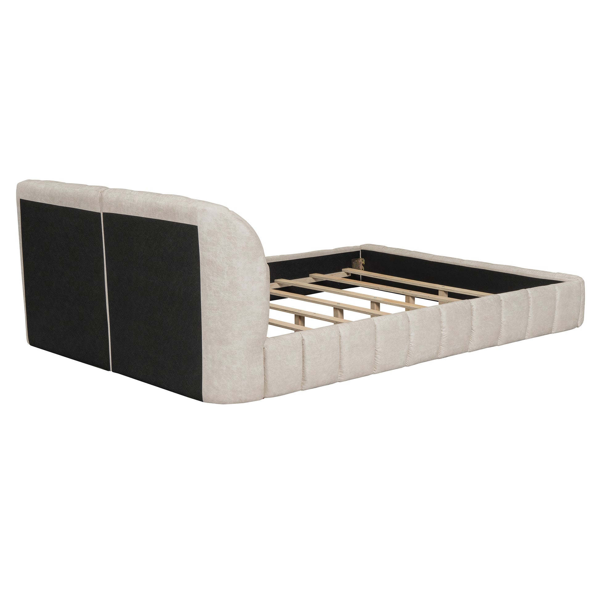 Queen Size Upholstered Platform Bed With Thick Fabric, Polyester, Beige Queen Beige Polyester