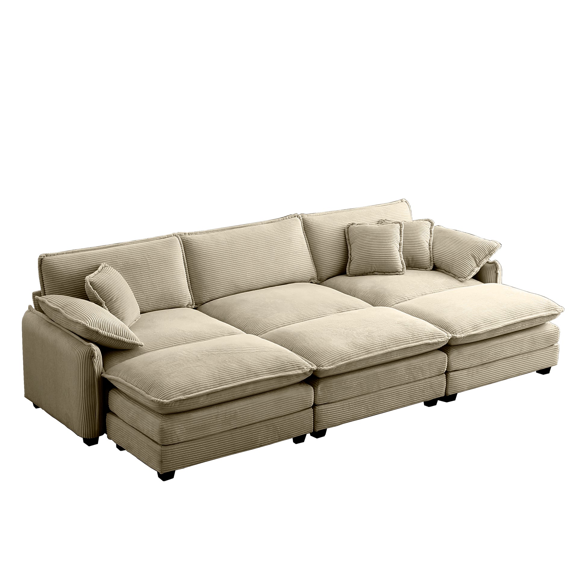 Oversized Modular Cushioned Sofa,With 3 Ottomans To Work As Sleeper Sofa Beds, 3 Seater Sofa With 3 Footstools,Tan Corduroy Fabric Tan Corduroy 3 Seat