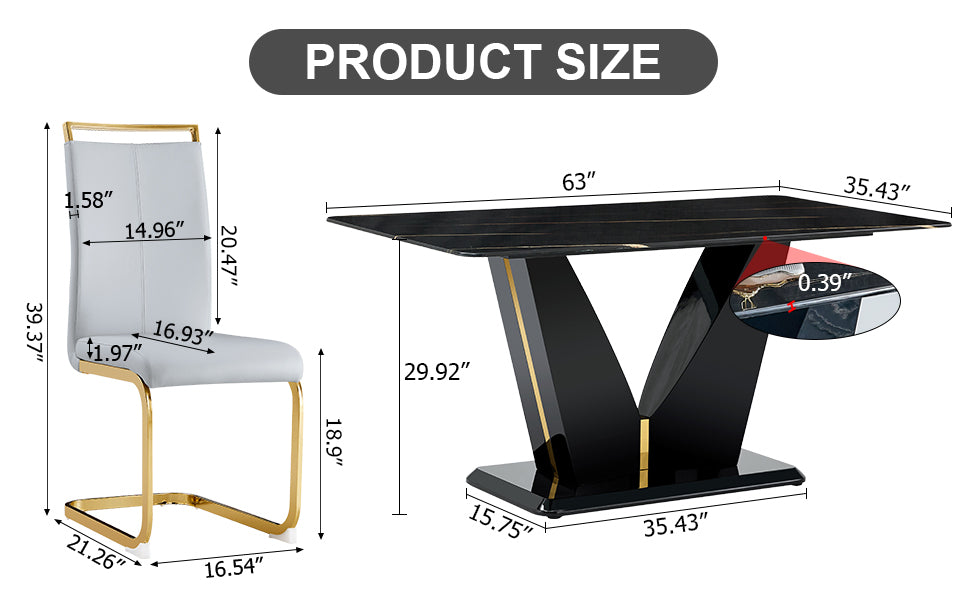 Table And Chair Set,Modern Rectangular Dining Table, 0.4 Inch Thick, With A Black Imitation Marble Pattern Glass Desktop And Black Mdf Legs. Comfortable Pu Seats,Perfect For Dinner, Meet. Grey Black Seats 4 Mdf Glass